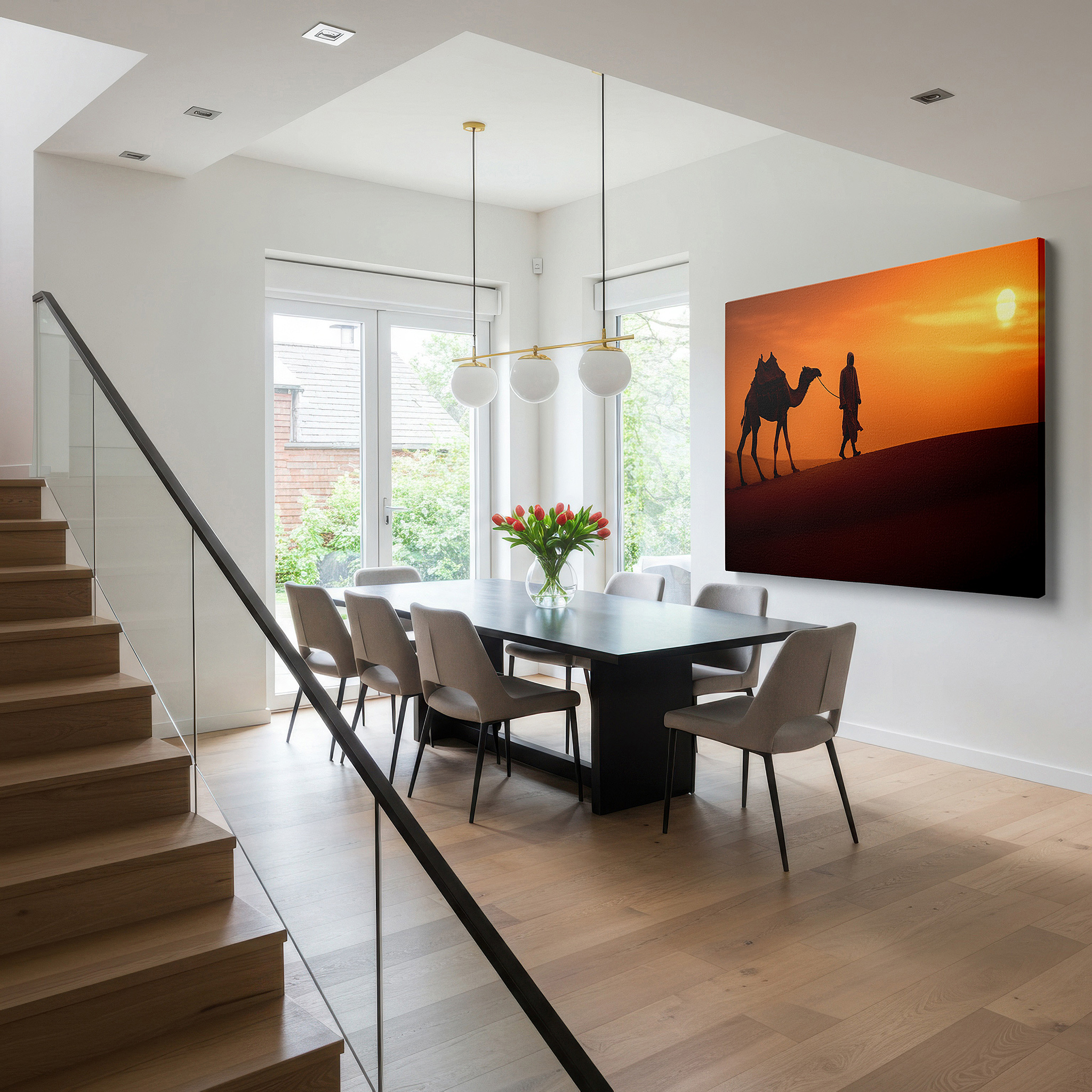 Lighting brings out layered depth in the print’s surface grain — desert voyage at dusk: a story of persistence and splendor in nature - large wall art, canvas, home and office decor