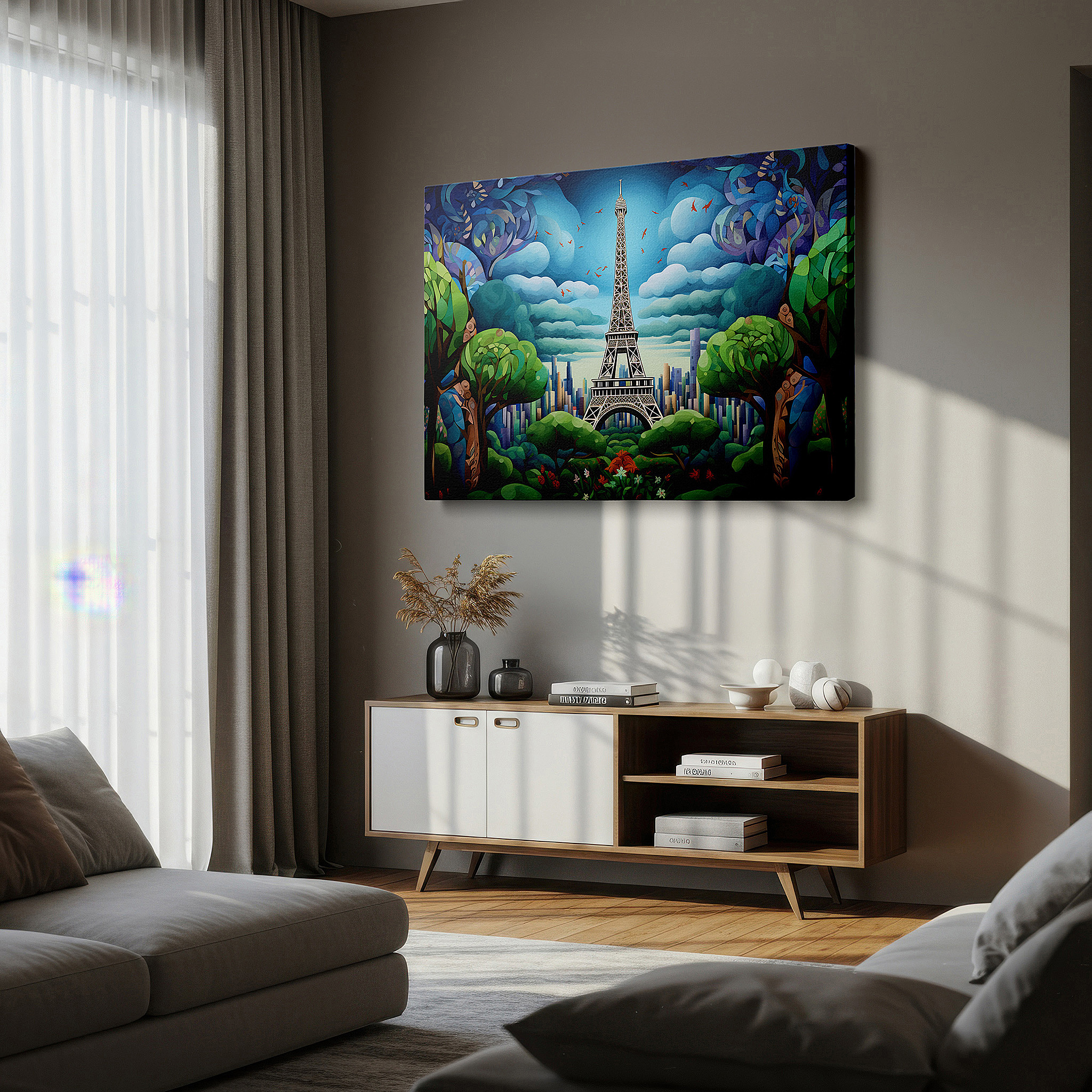 Lighting brings out layered depth in the print’s surface grain — dreamlike paris - a surreal eiffel tower surrounded by nature large wall art, canvas wall art, wall decor for office and bedroom