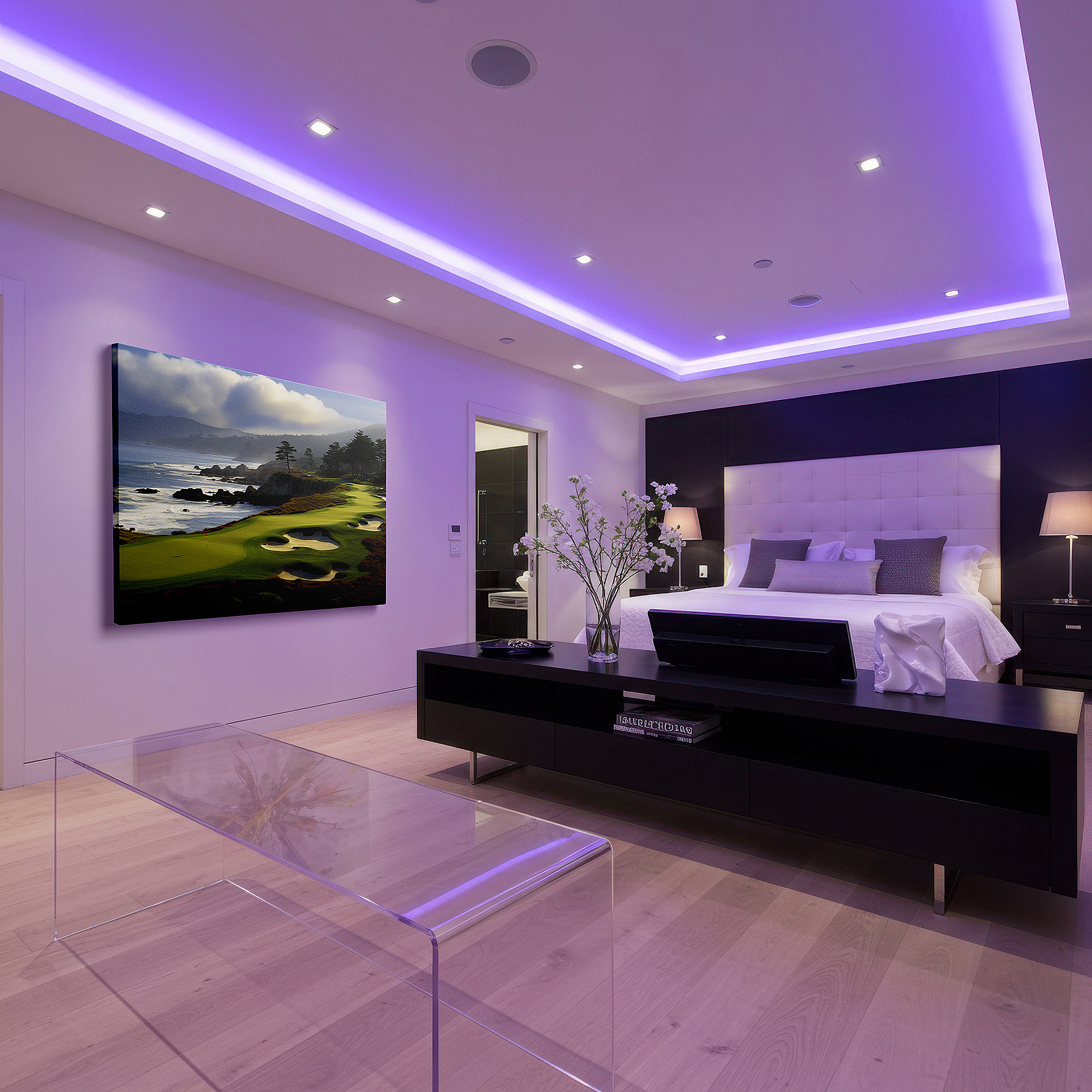 Lighting brings out layered depth in the print’s surface grain — elegant coastal golf course and rugged shorelines large wall art, dramatic sky canvas, office and bedroom wall decor