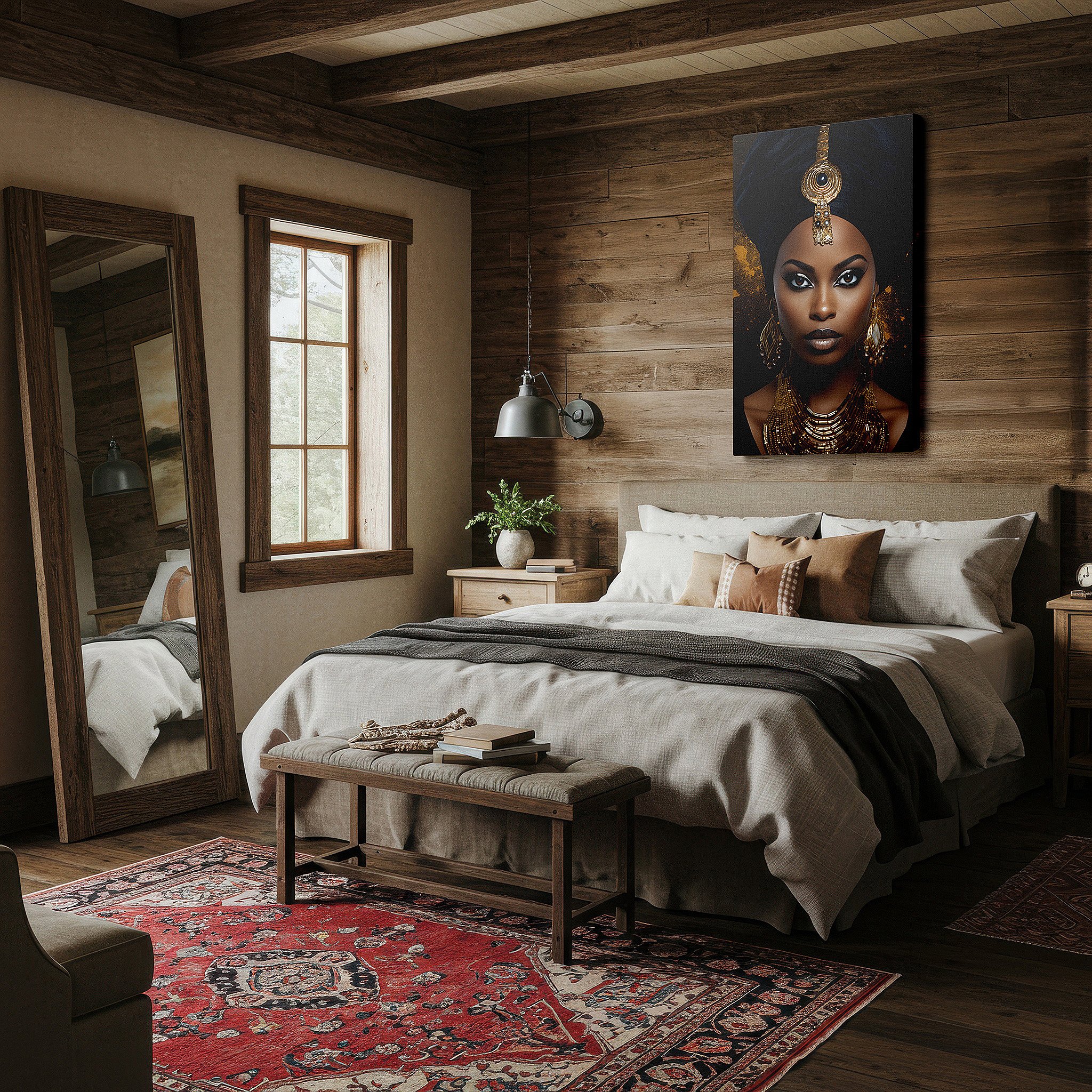 Lighting brings out layered depth in the print’s surface grain — elegant lady cloaked in gold, symbolizing cultural legacy and pride - large wall art, canvas wall art, wall decor for office and bedroom