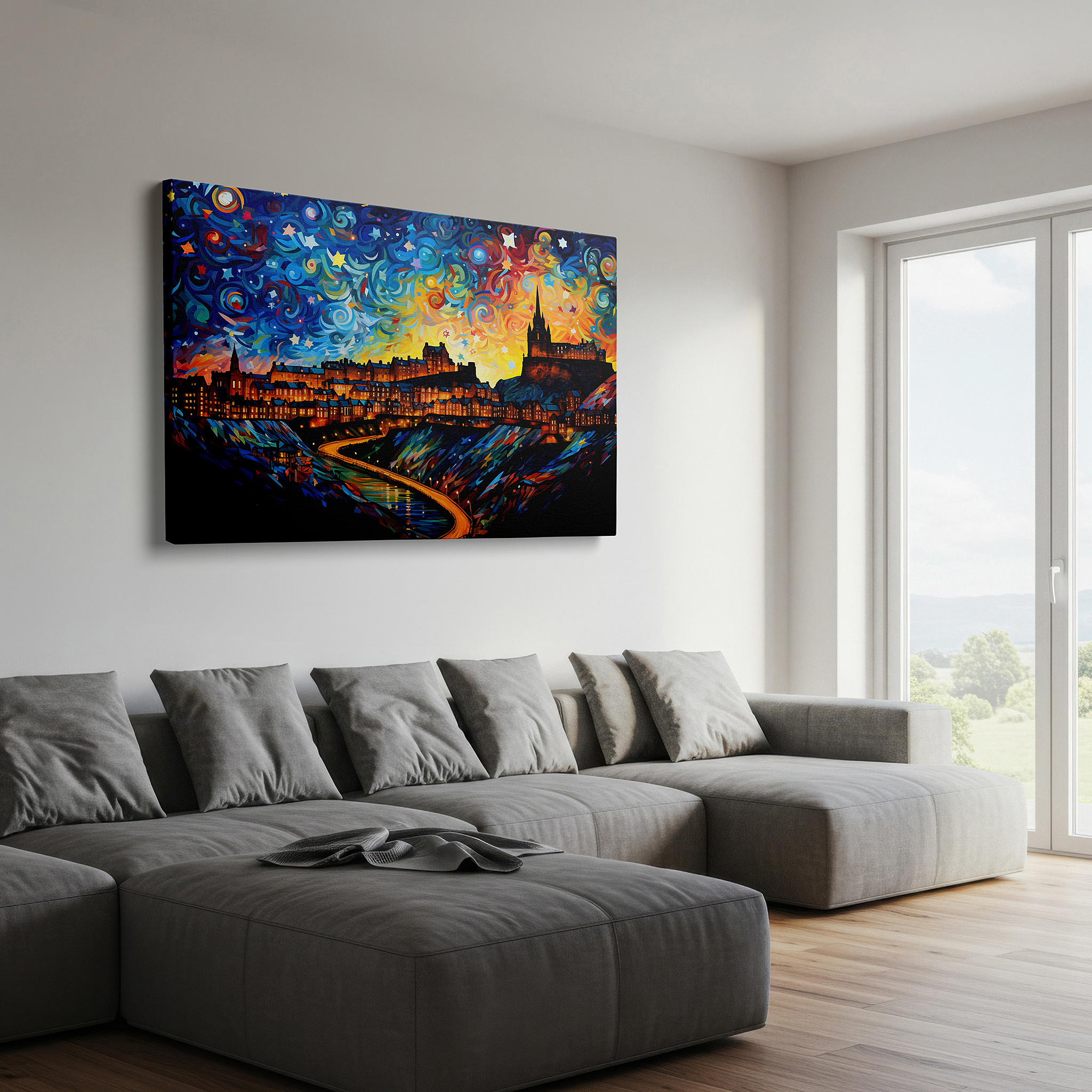 Lighting brings out layered depth in the print’s surface grain — enchanted edinburgh beneath starlit skies - vibrant and magical cityscape large wall art, canvas wall art, wall decor for office and bedroom