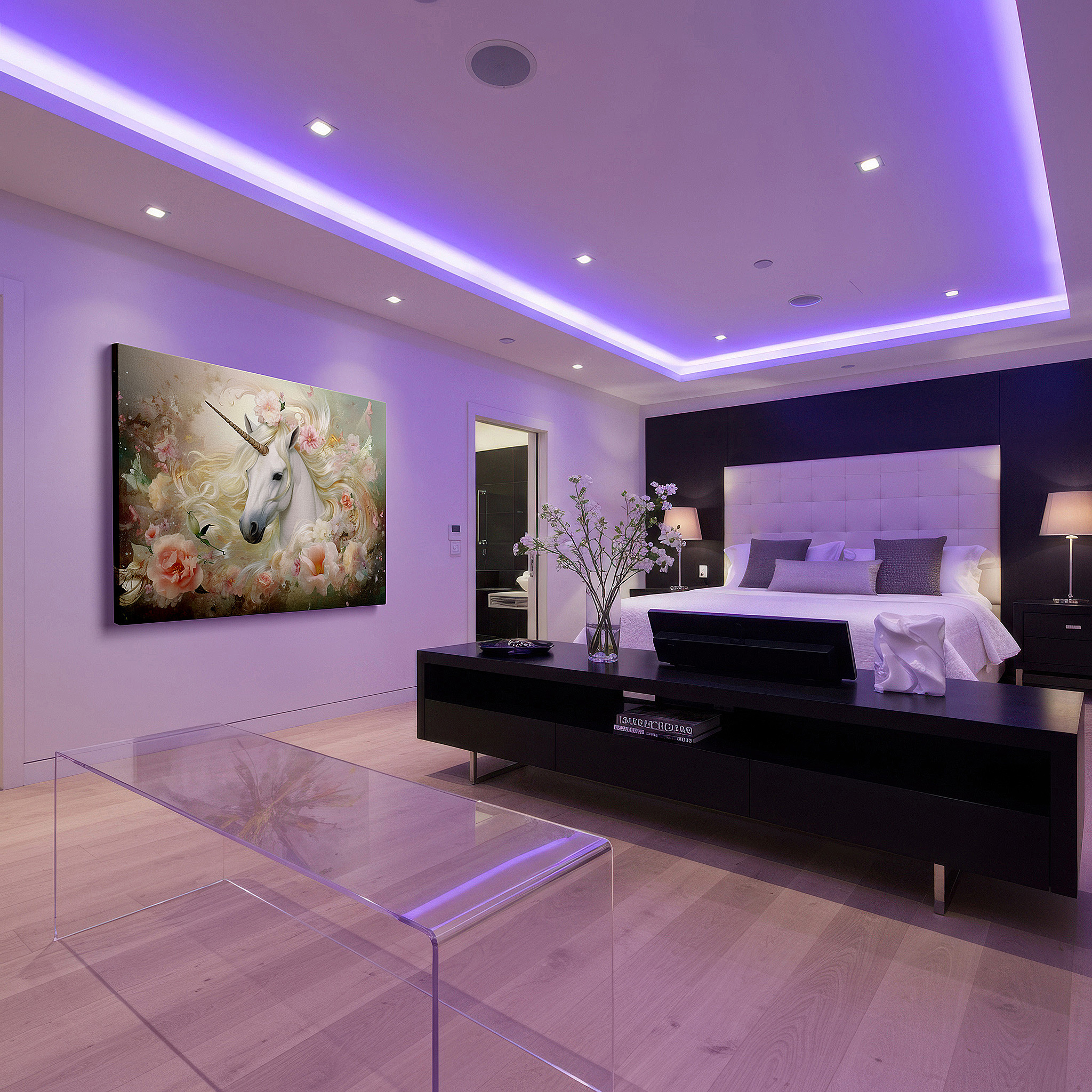 Lighting brings out layered depth in the print’s surface grain — enchanted unicorn in a blossoming garden: a whimsical fantasy vision - large wall art, canvas decor for office and bedroom
