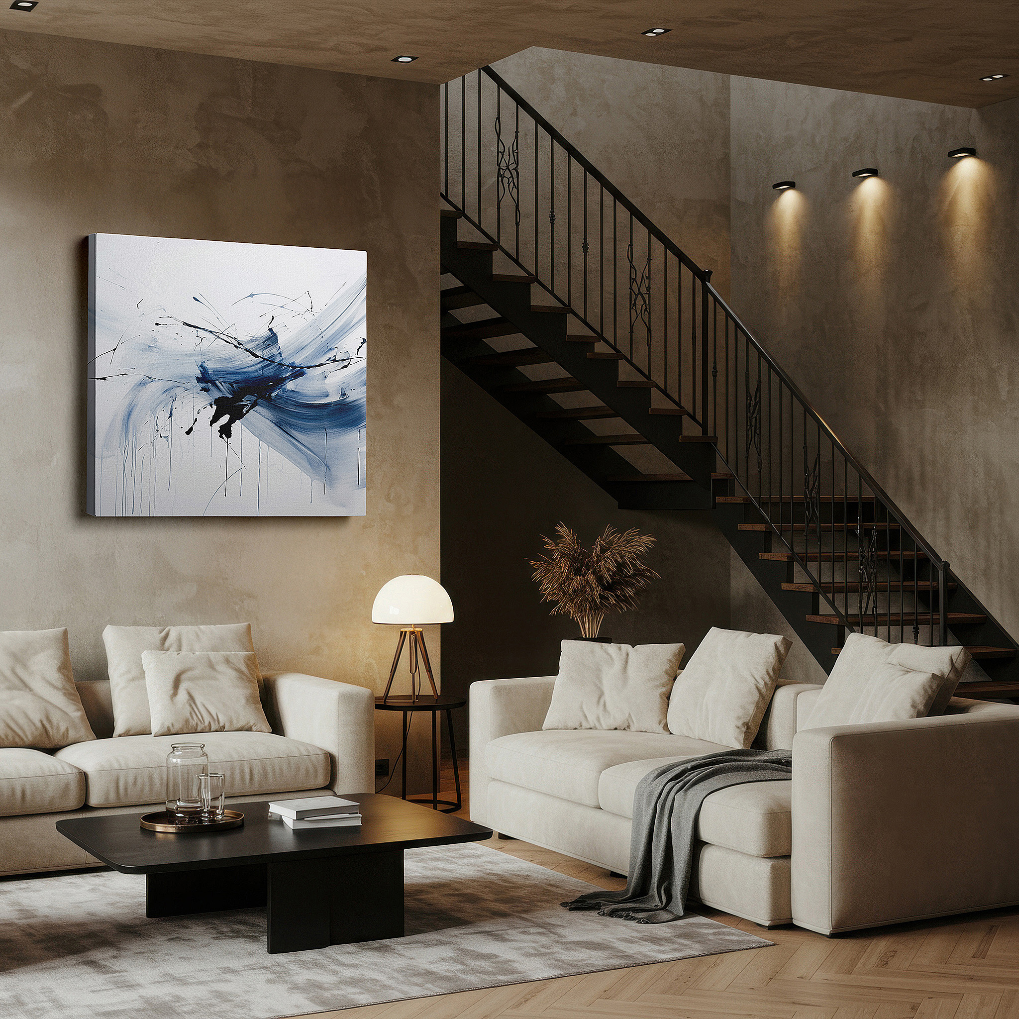 Lighting brings out layered depth in the print’s surface grain — fluid blues symphony - enchanting abstract large canvas wall art, perfect for office or bedroom decor