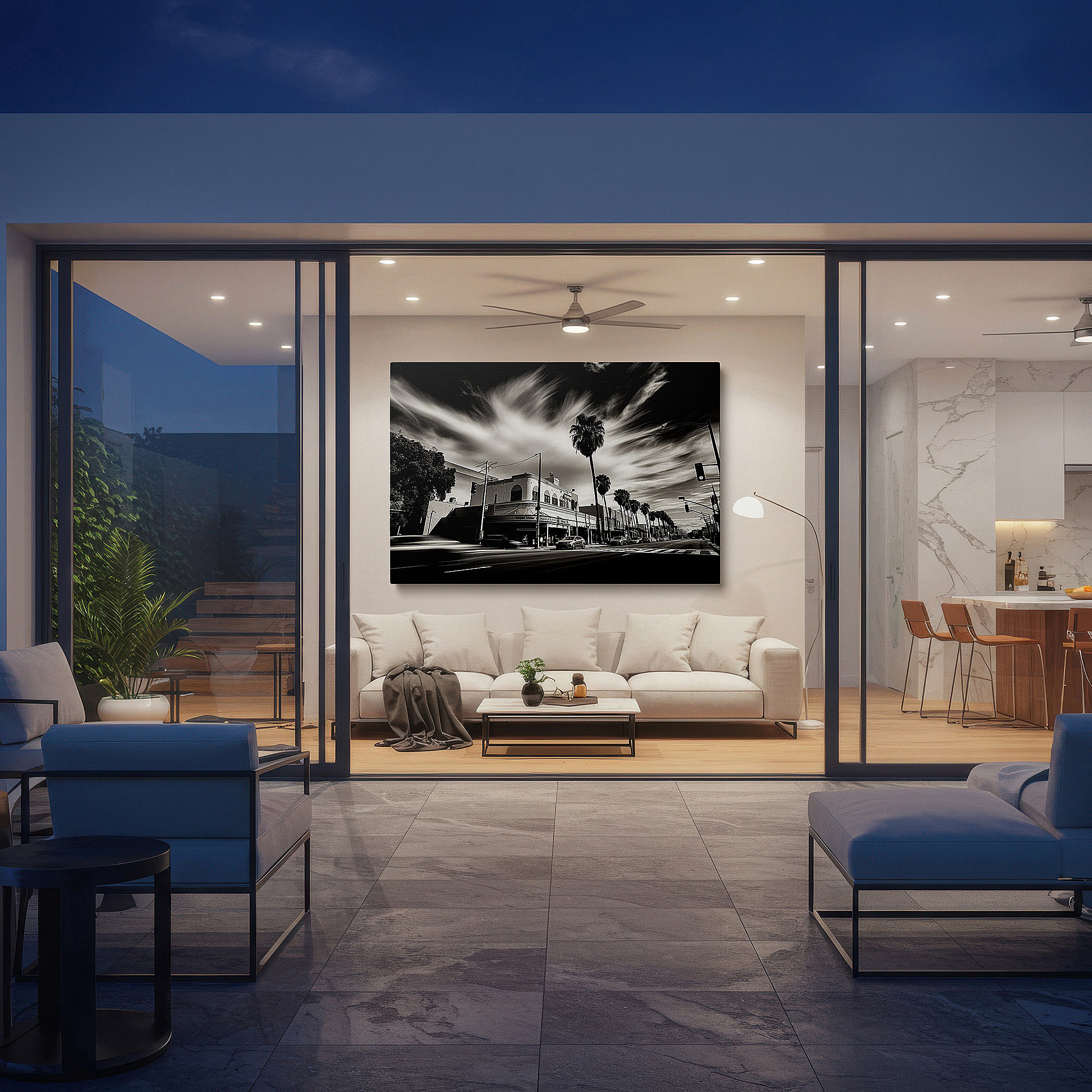 Lighting brings out layered depth in the print’s surface grain — historical charm blends with contemporary style in a lively street setting featuring detailed architecture and verdant palms - large wall art, canvas wall art