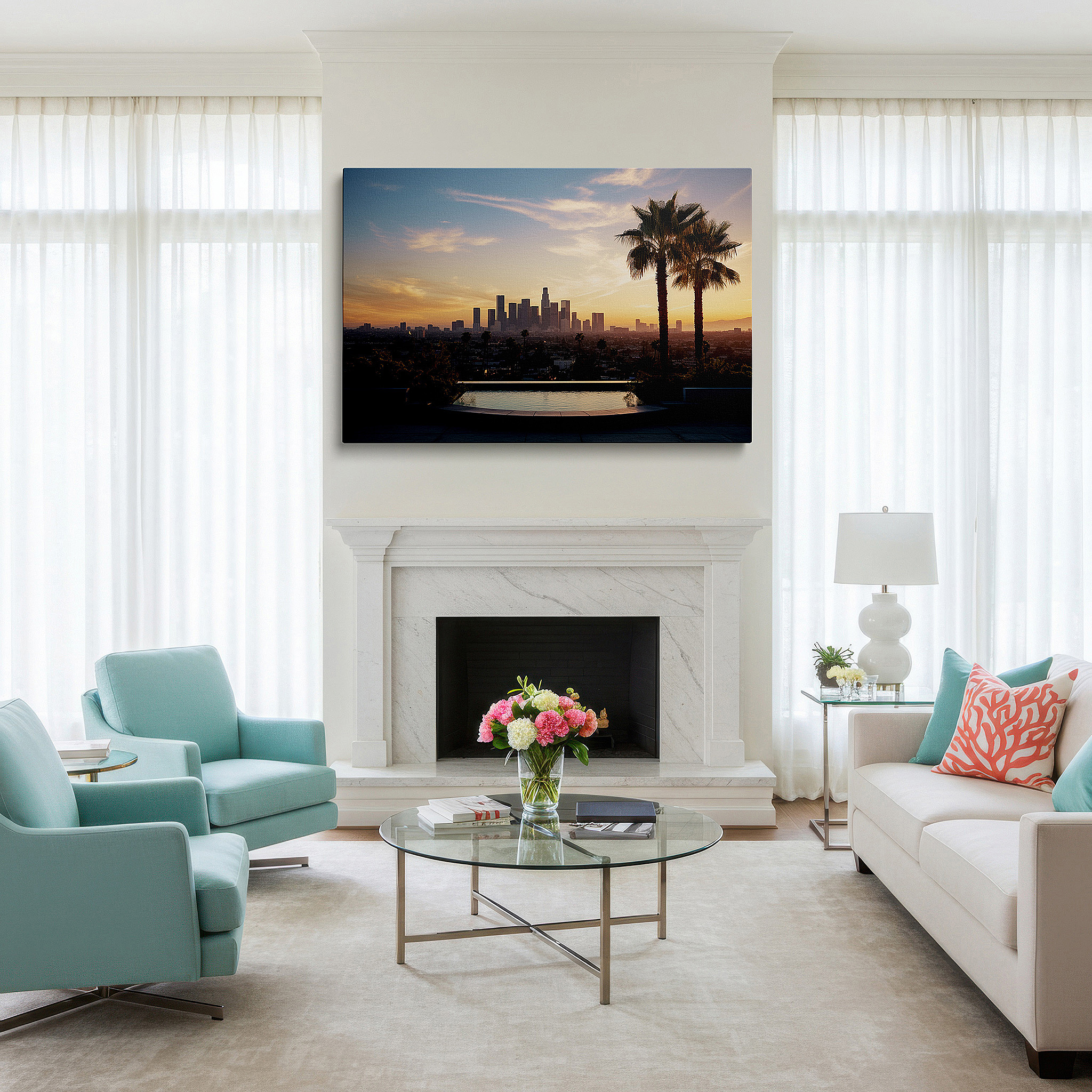 Lighting brings out layered depth in the print’s surface grain — los angeles skyline at sunset wall art - urban elegance meets natural serenity, large canvas decor for office and bedroom