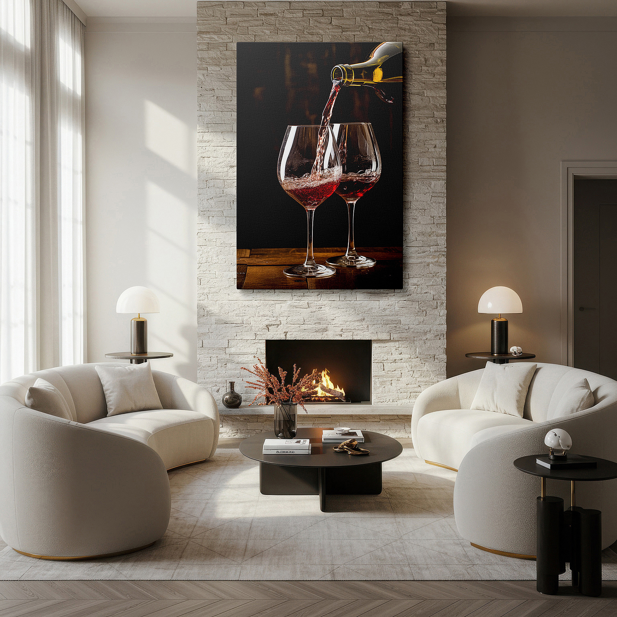 Lighting brings out layered depth in the print’s surface grain — luxurious wall art featuring red wine pouring into elegant glasses, celebrating indulgence and craftsmanship, large canvas wall decor