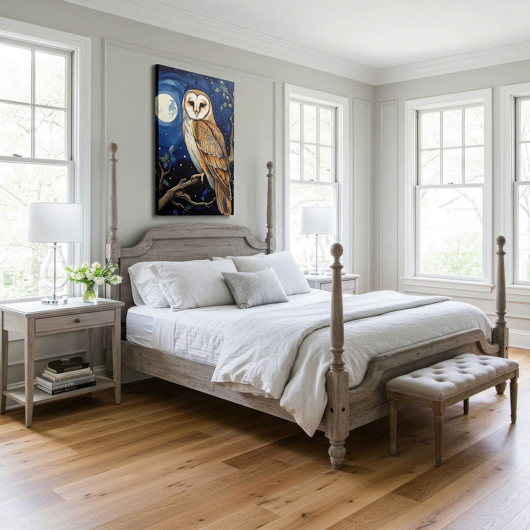 Lighting brings out layered depth in the print’s surface grain — majestic barn owl under a starlit sky: experience the serenity of nature's nighttime splendor with large canvas wall art for home and office decor