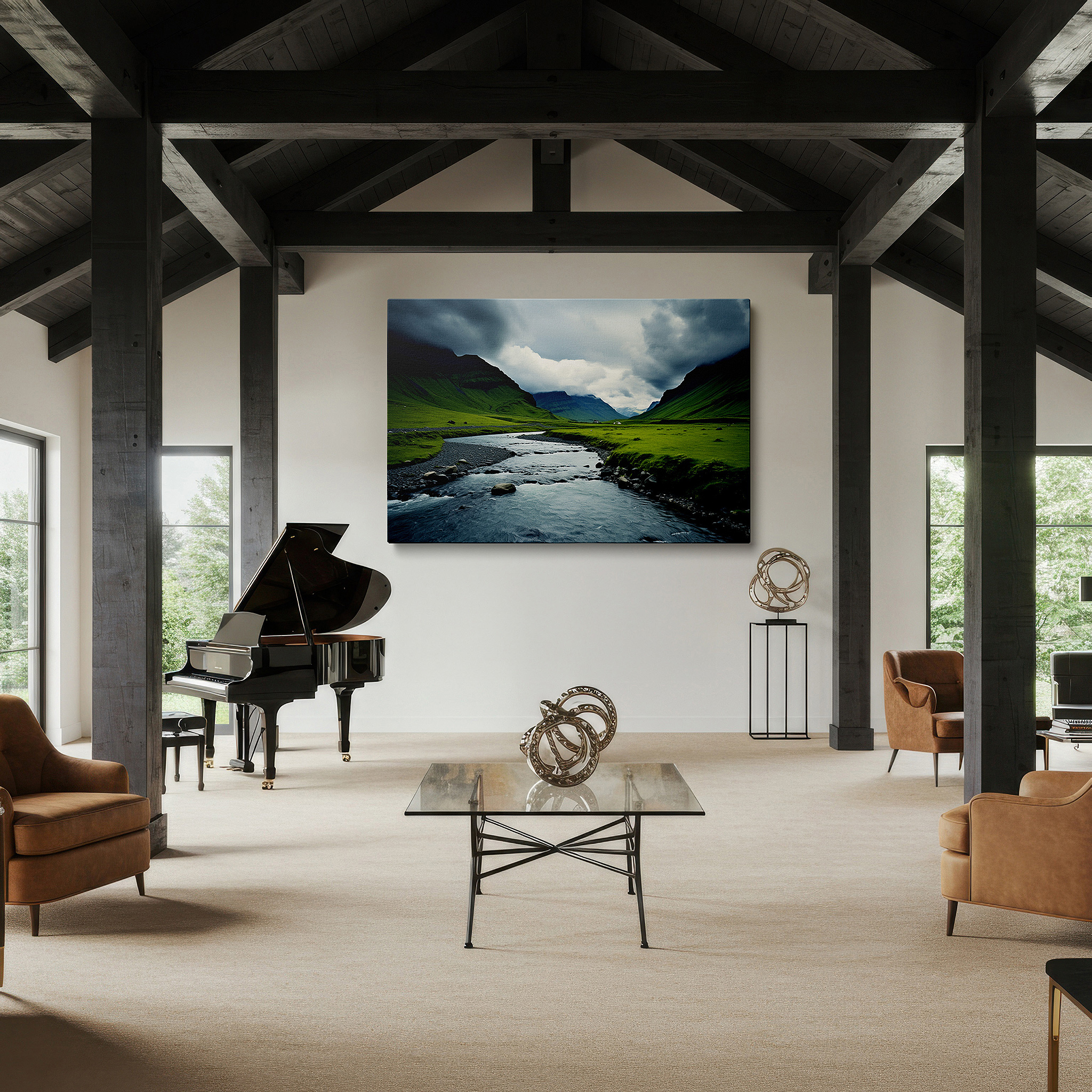Lighting brings out layered depth in the print’s surface grain — majestic river winding through rugged mountains beneath ominous clouds - a dramatic and beautiful natural masterpiece large wall art, canvas wall art, wall decor