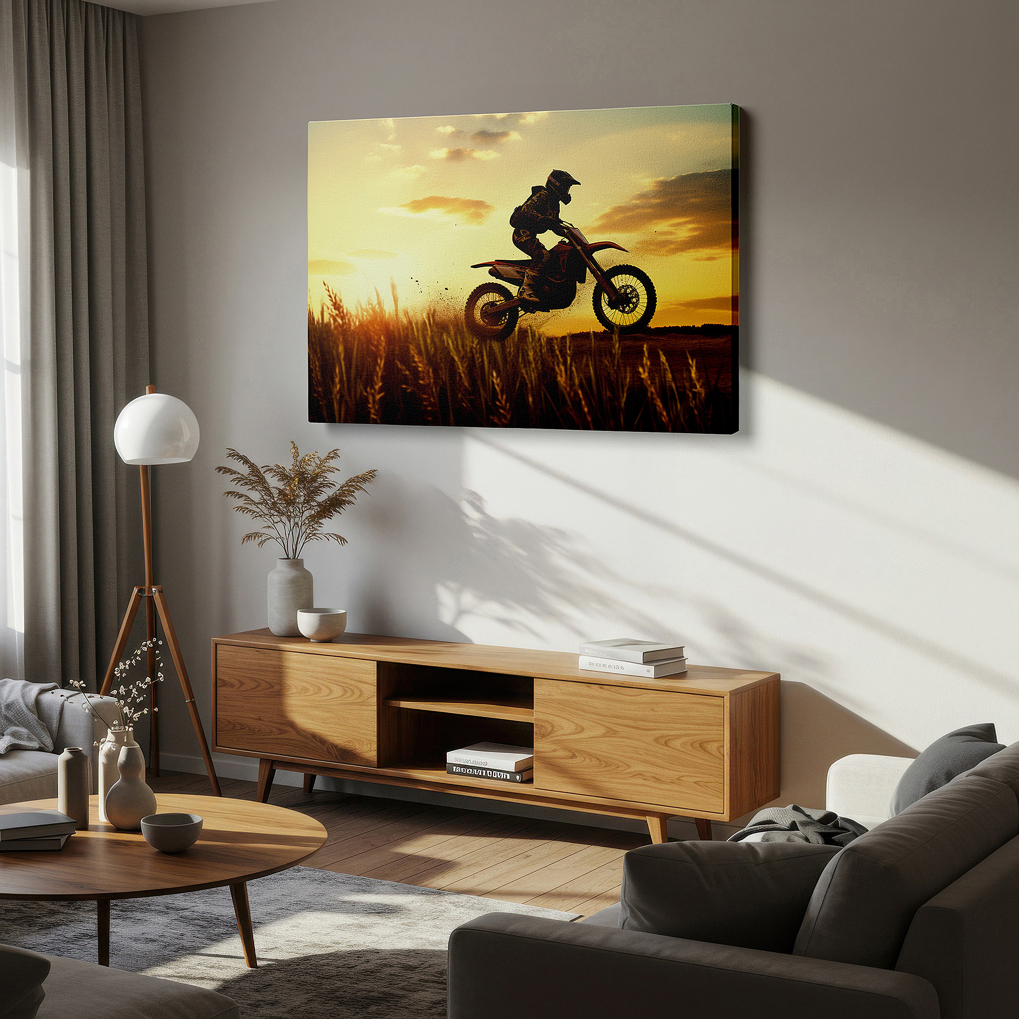 Lighting brings out layered depth in the print’s surface grain — motocross magic at sunset over golden wheat field: large canvas wall art for office, bedroom, and living room decor