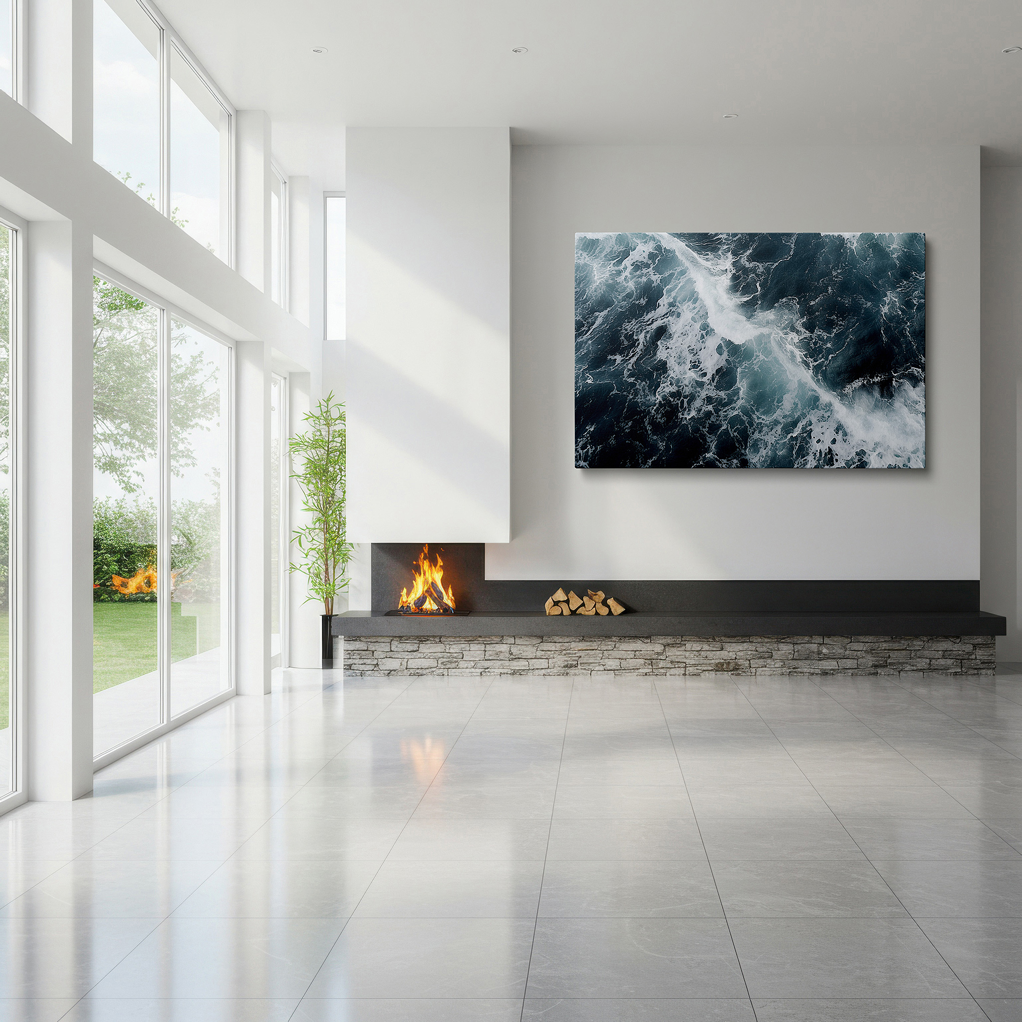 Lighting brings out layered depth in the print’s surface grain — ocean symphony in blues and whites: capturing the rhythmic dance of waves - large canvas wall art for office and bedroom decor