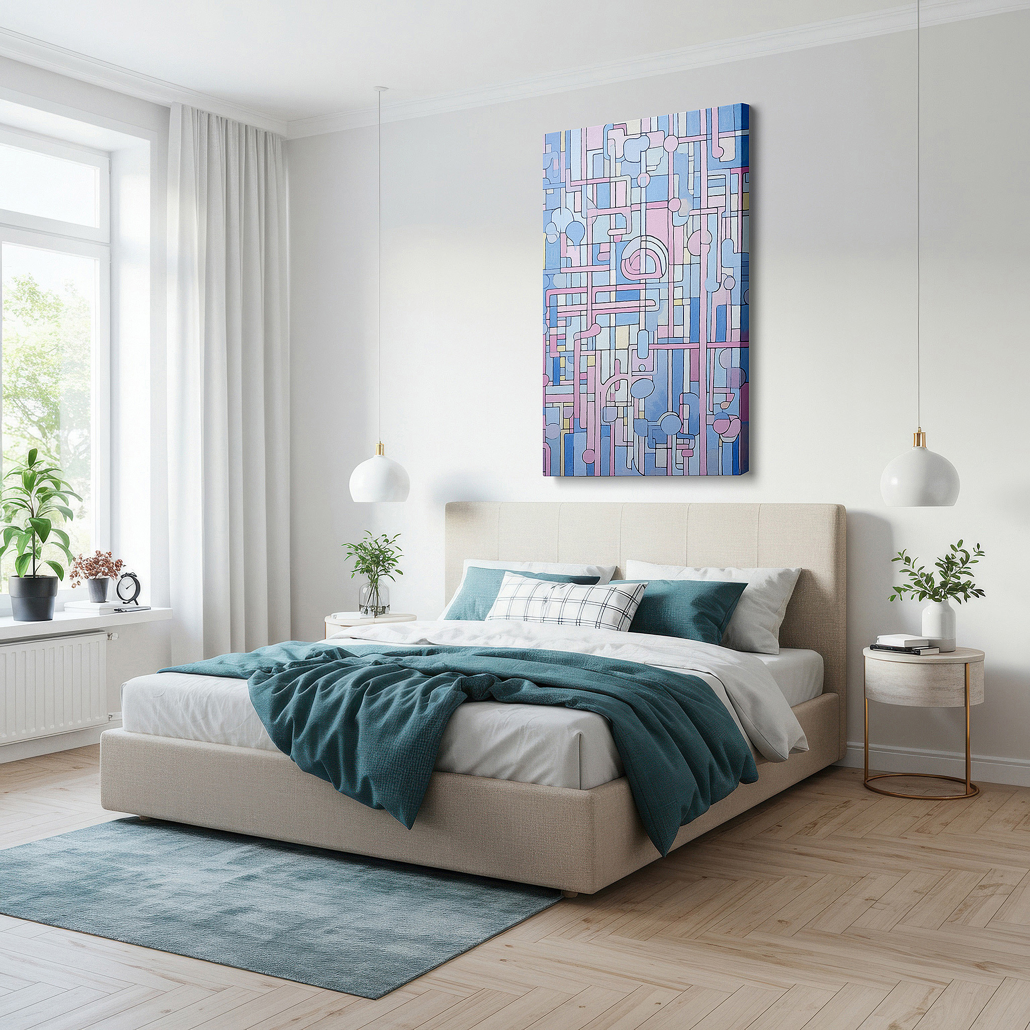 Lighting brings out layered depth in the print’s surface grain — pastel geometric harmony: tranquil large wall art for bedrooms and offices, including canvas and decor options