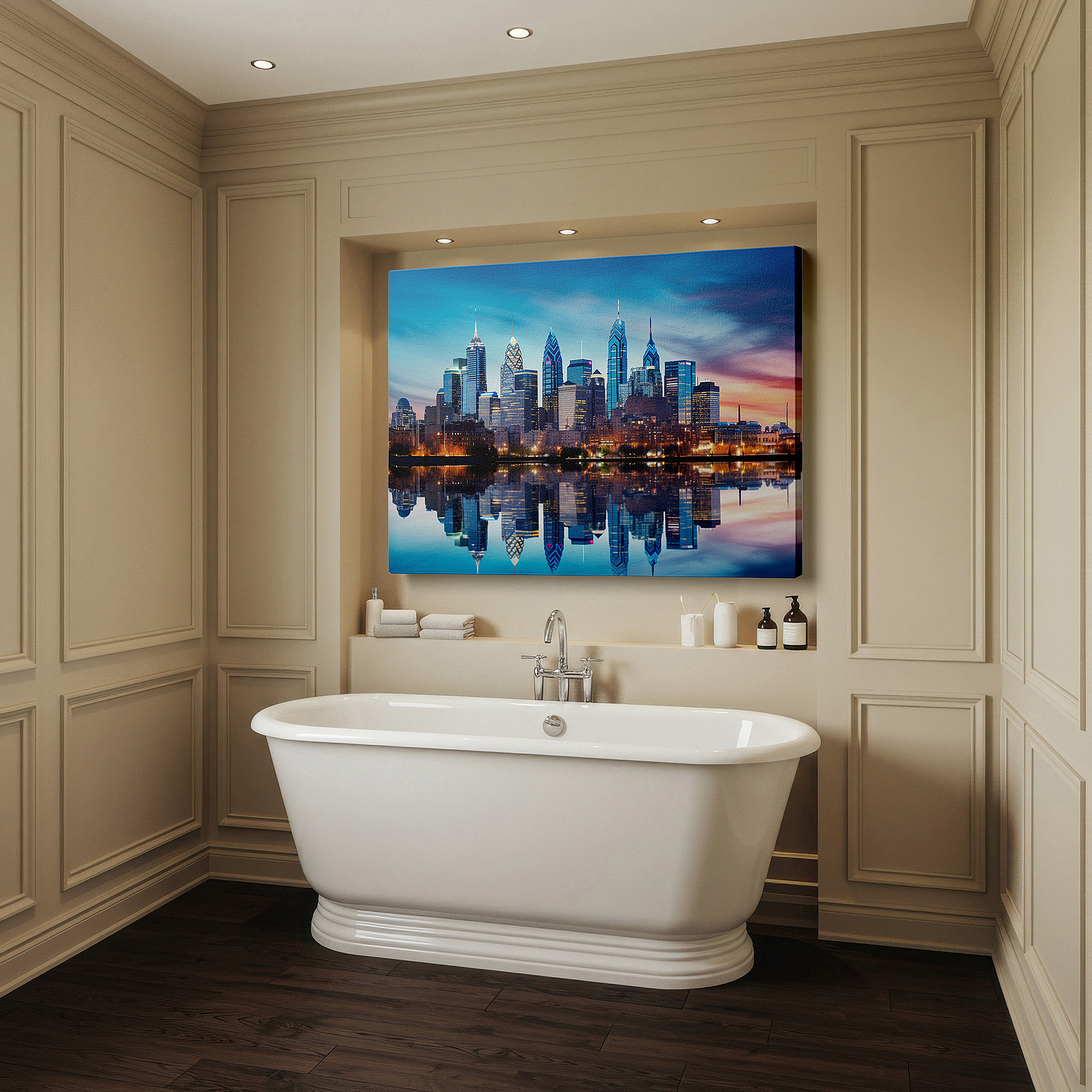 Lighting brings out layered depth in the print’s surface grain — philadelphia skyline at dusk: capturing the serene grandeur of urban and natural beauty - large wall art, canvas, office decor