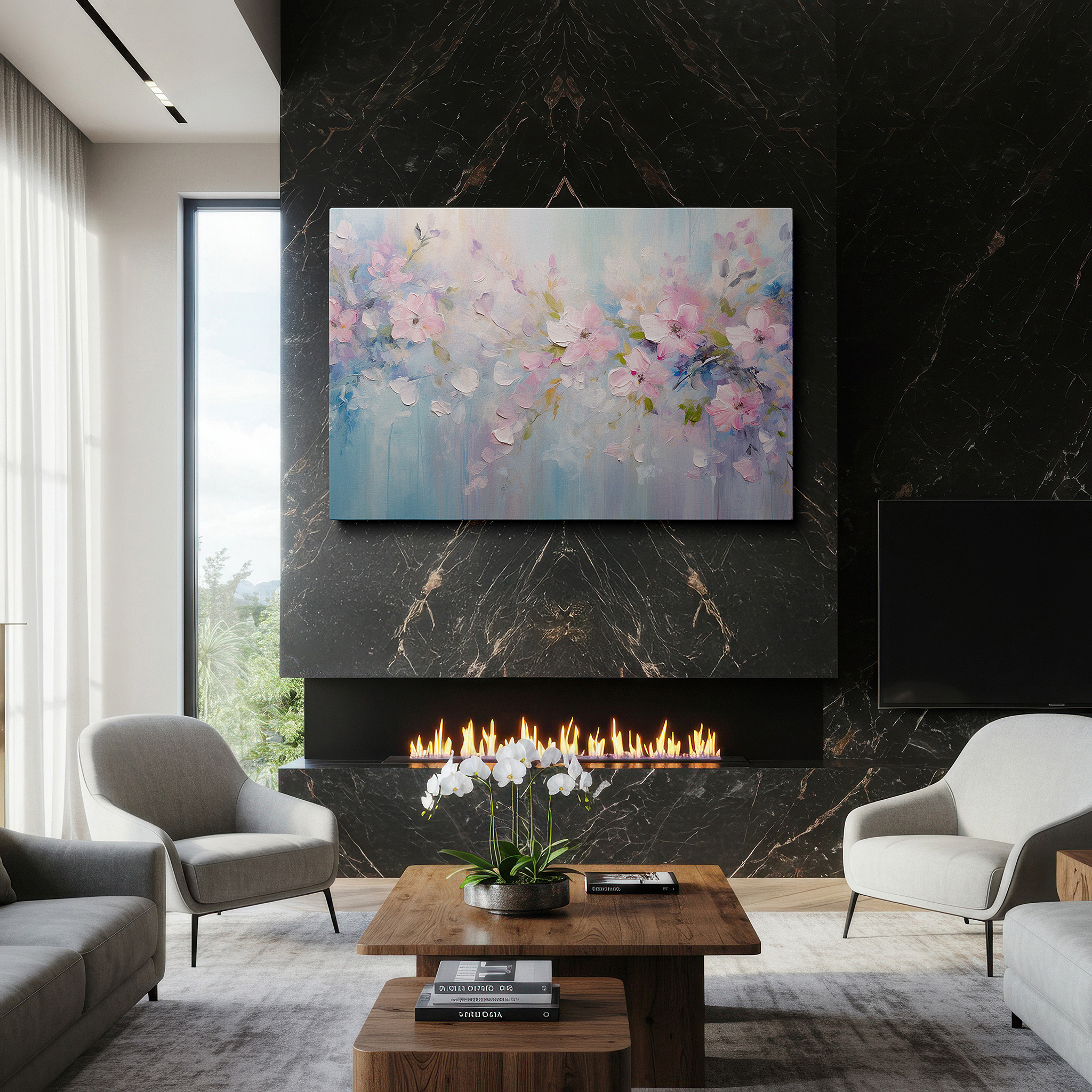 Lighting brings out layered depth in the print’s surface grain — pink blossoms on a serene blue background large wall art, canvas wall decor, office wall decor, bedroom wall decor, living room wall art