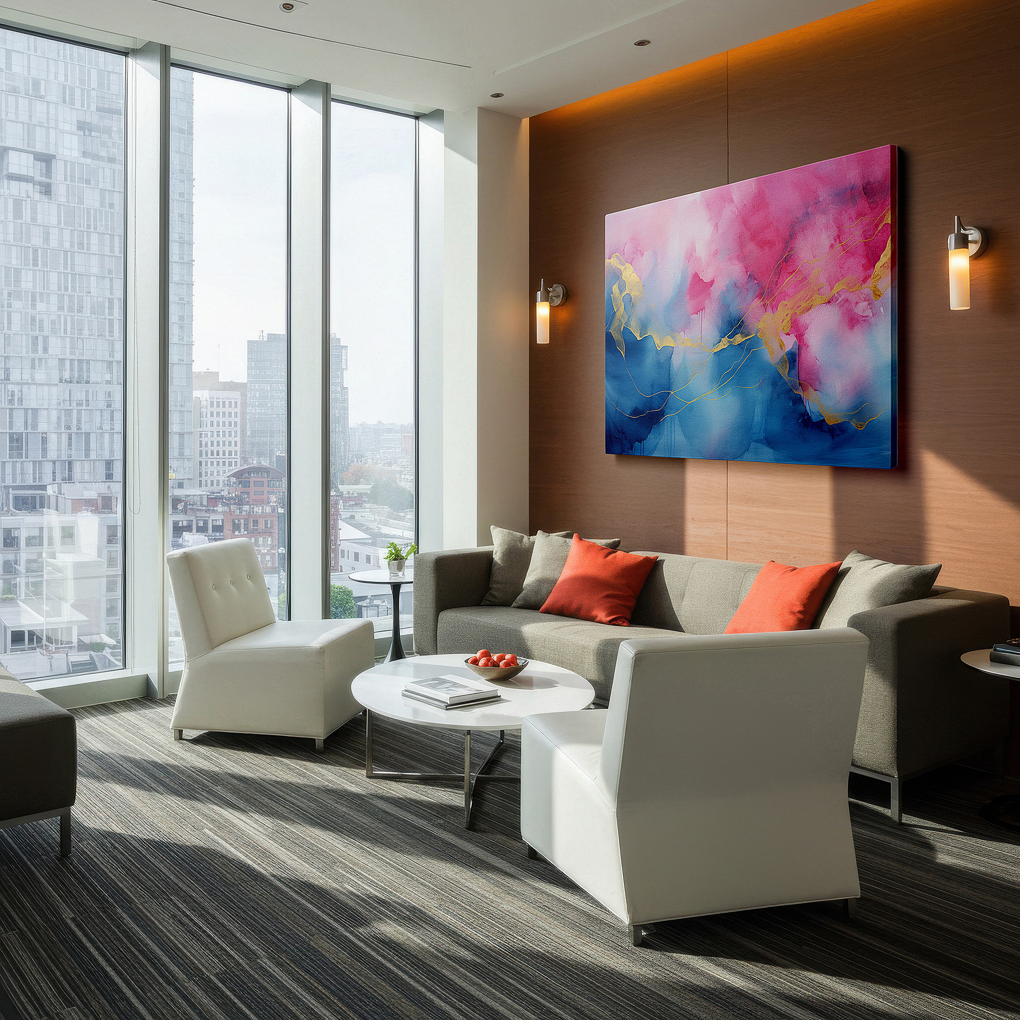 Lighting brings out layered depth in the print’s surface grain — pink and blue swirls with gold highlights, enchanting abstract large wall art, canvas wall art, wall decor for office