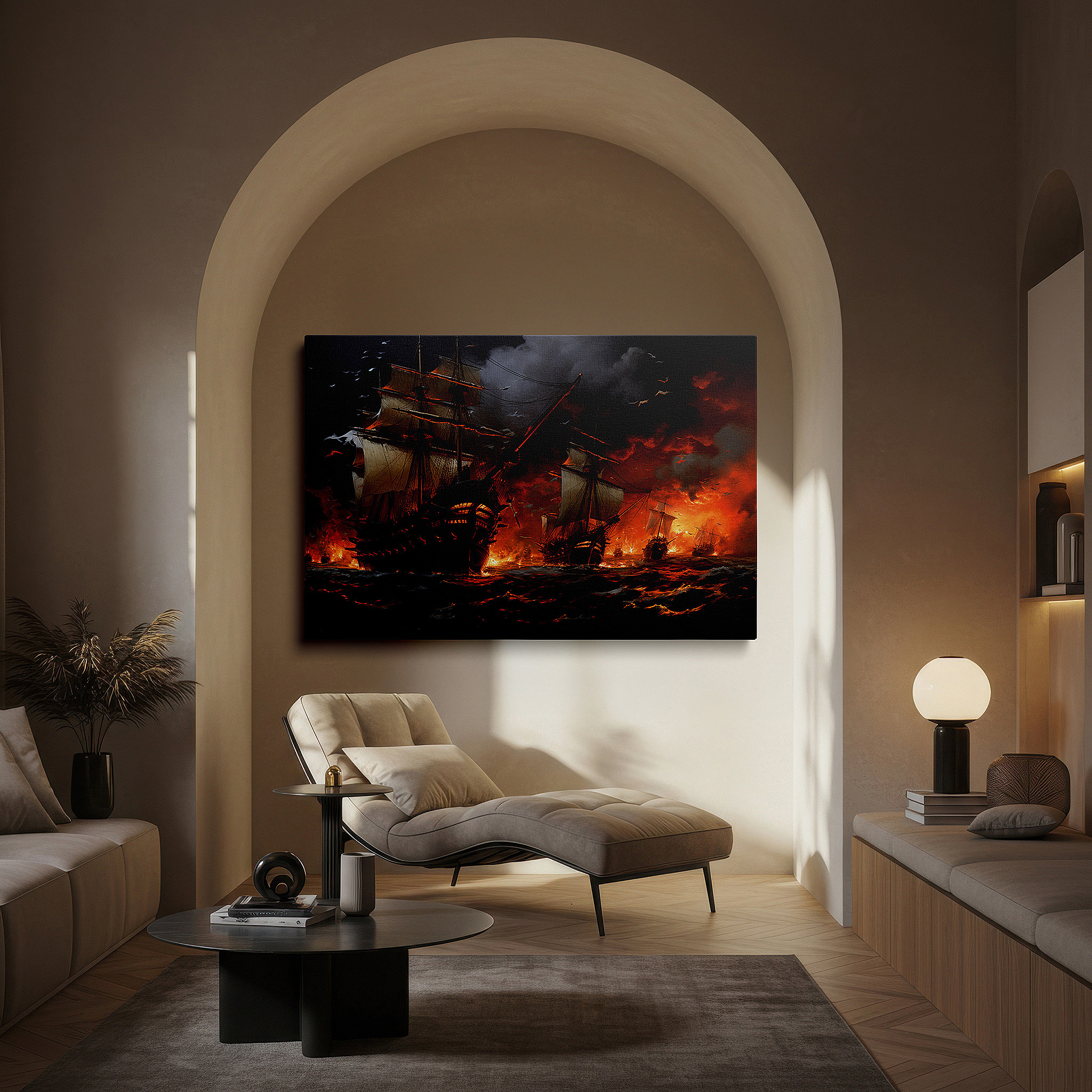 Lighting brings out layered depth in the print’s surface grain — pirate ship battle wall art: vivid high seas adventure amidst flames and storms, large canvas art for office and bedroom decor
