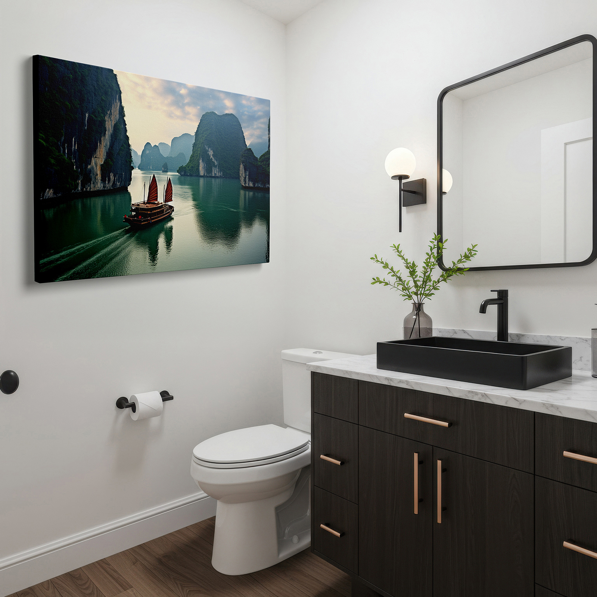 Lighting brings out layered depth in the print’s surface grain — serene afternoon in halong bay featuring a traditional vietnamese junk boat - large canvas wall art for office and bedroom decor