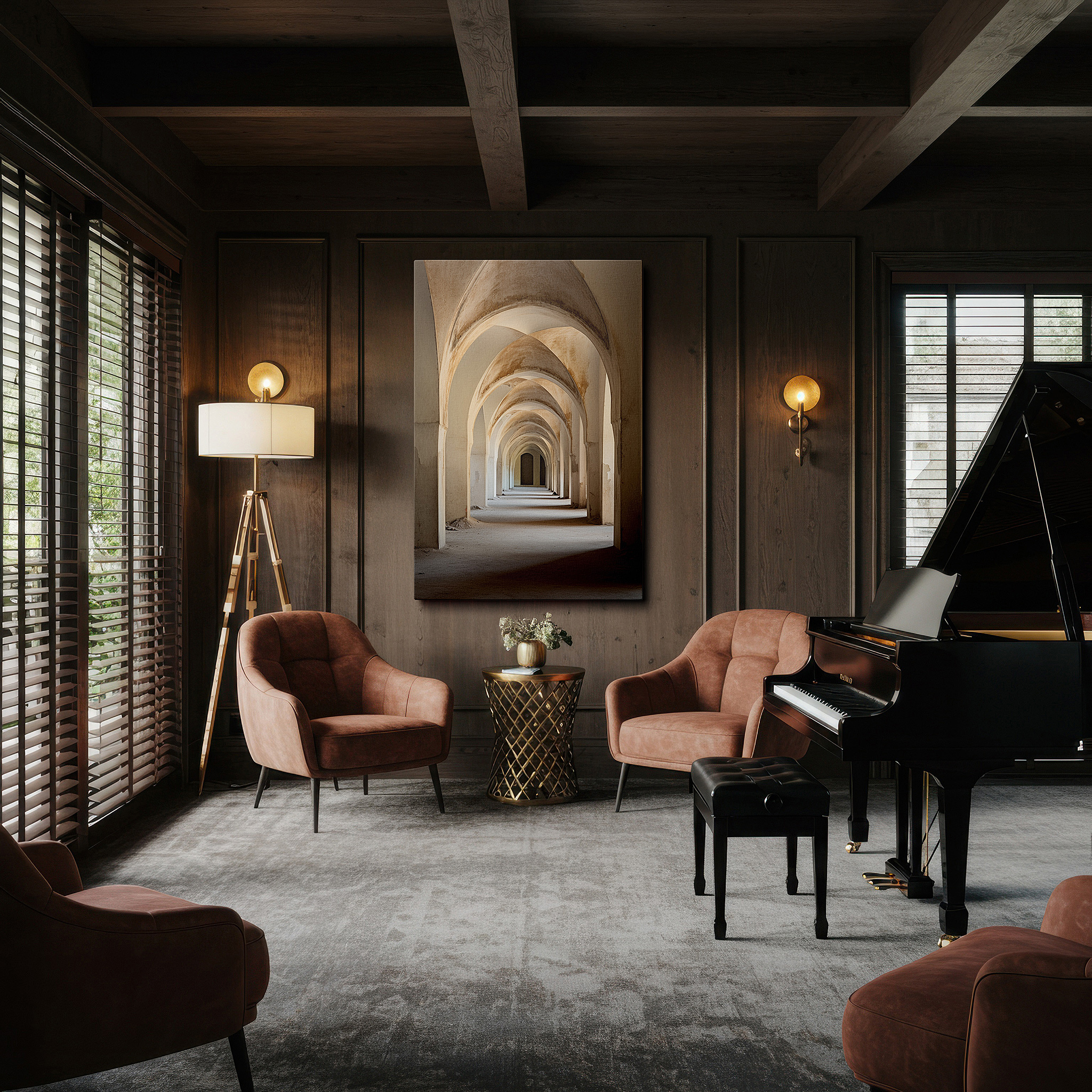Lighting brings out layered depth in the print’s surface grain — serene arches and cobblestones: a timeless journey in muted earth tones - large canvas wall art for office and bedroom decor