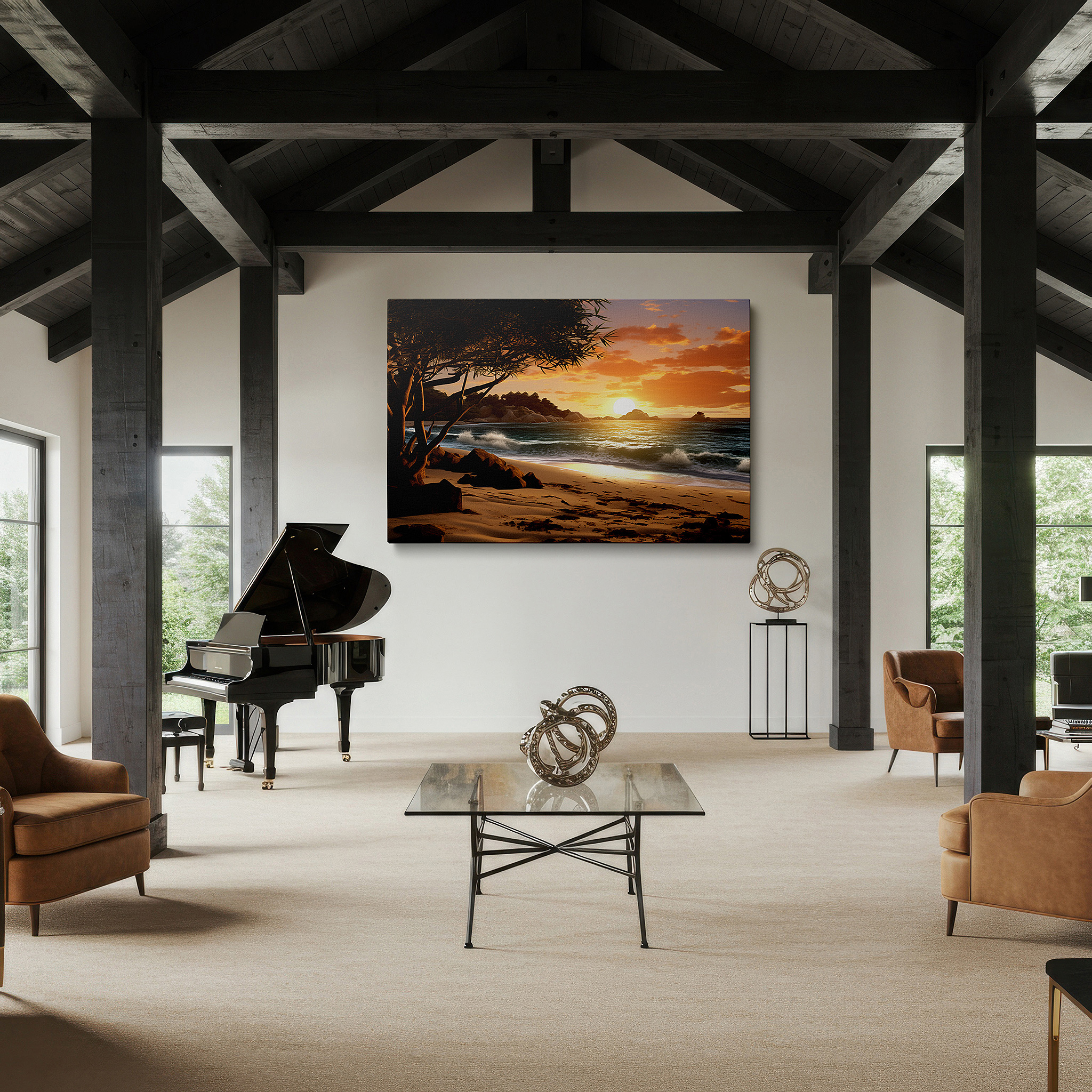 Lighting brings out layered depth in the print’s surface grain — serene beach sunset with verdant foliage and soft waves - oversized wall art for office, bedroom, and living room decor