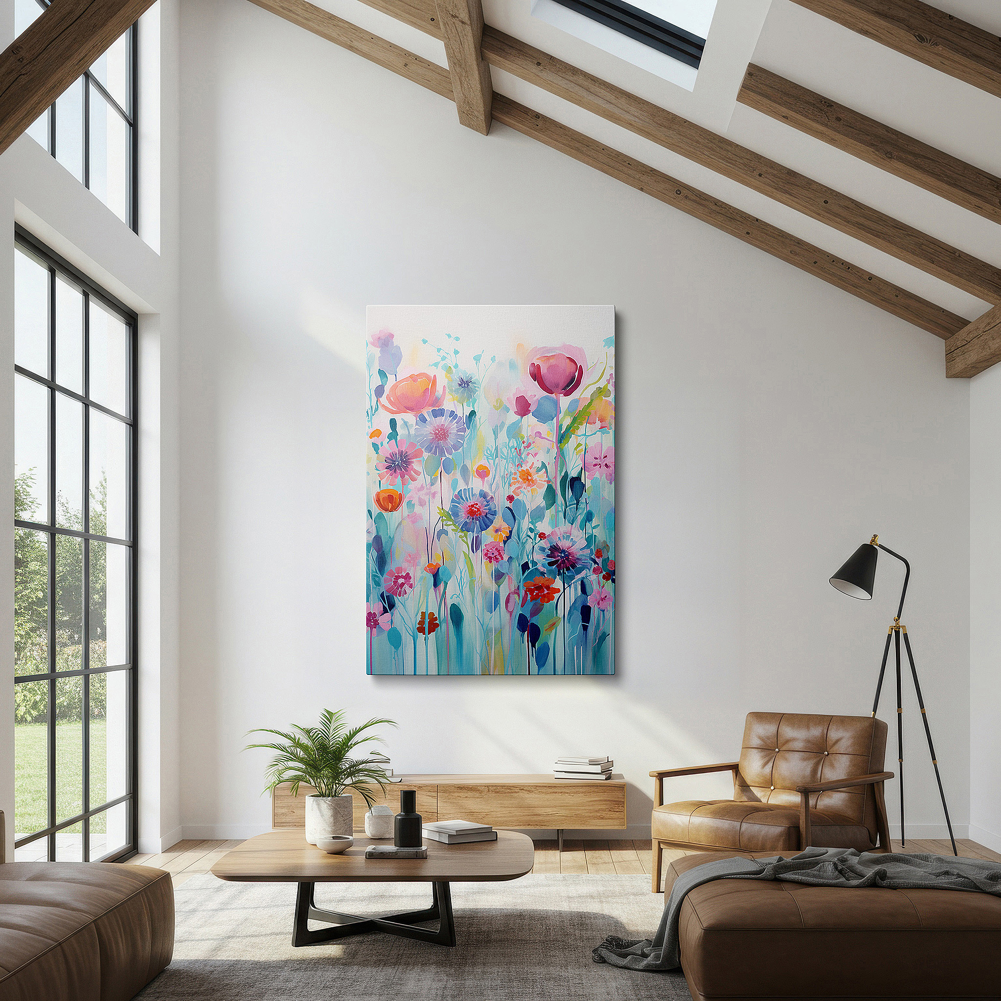 Lighting brings out layered depth in the print’s surface grain — serene blossom field in soft pastels: a tranquil, dreamlike escape - large wall art for bedrooms and offices
