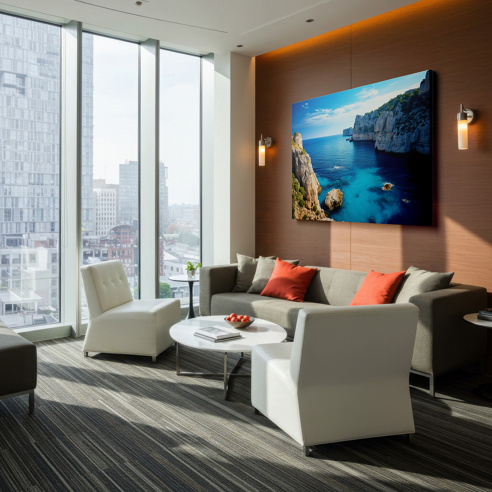 Lighting brings out layered depth in the print’s surface grain — serene coastal scene with vibrant blue sky and turquoise waters against rugged cliffs, large canvas wall art for home and office decor