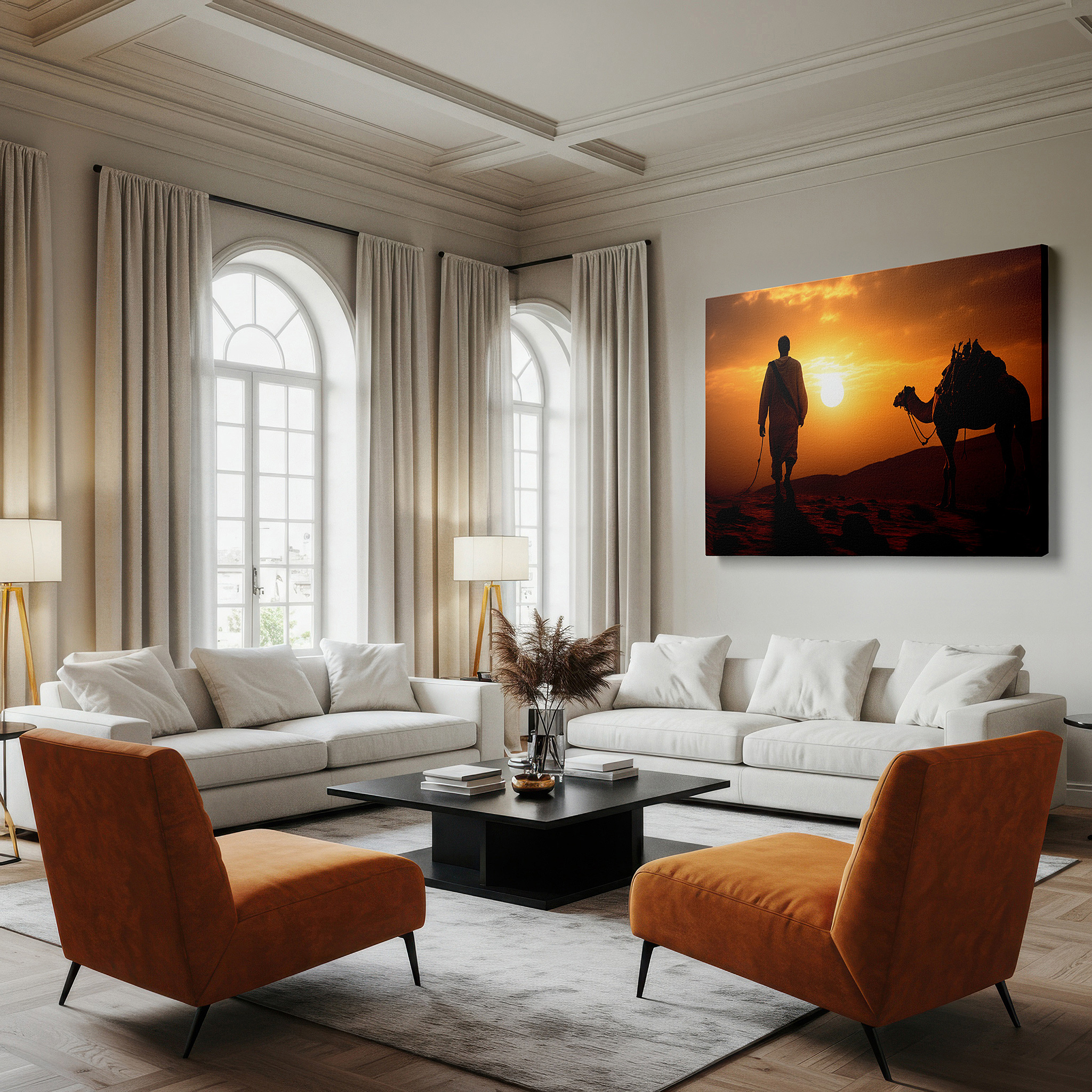 Lighting brings out layered depth in the print’s surface grain — serene desert voyage featuring a man and camel at sunset - oversized canvas wall art for office, bedroom, and living room decor