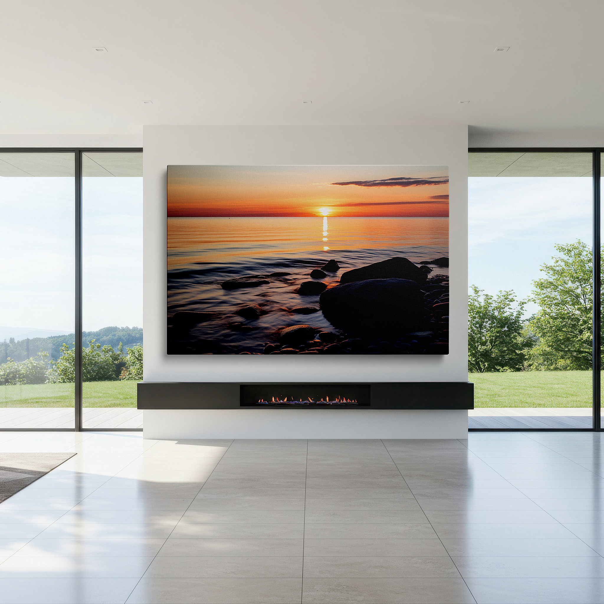 Lighting brings out layered depth in the print’s surface grain — serene evening by the sea - tranquil sunset and pebbled shoreline large wall art, canvas decor for office and bedroom