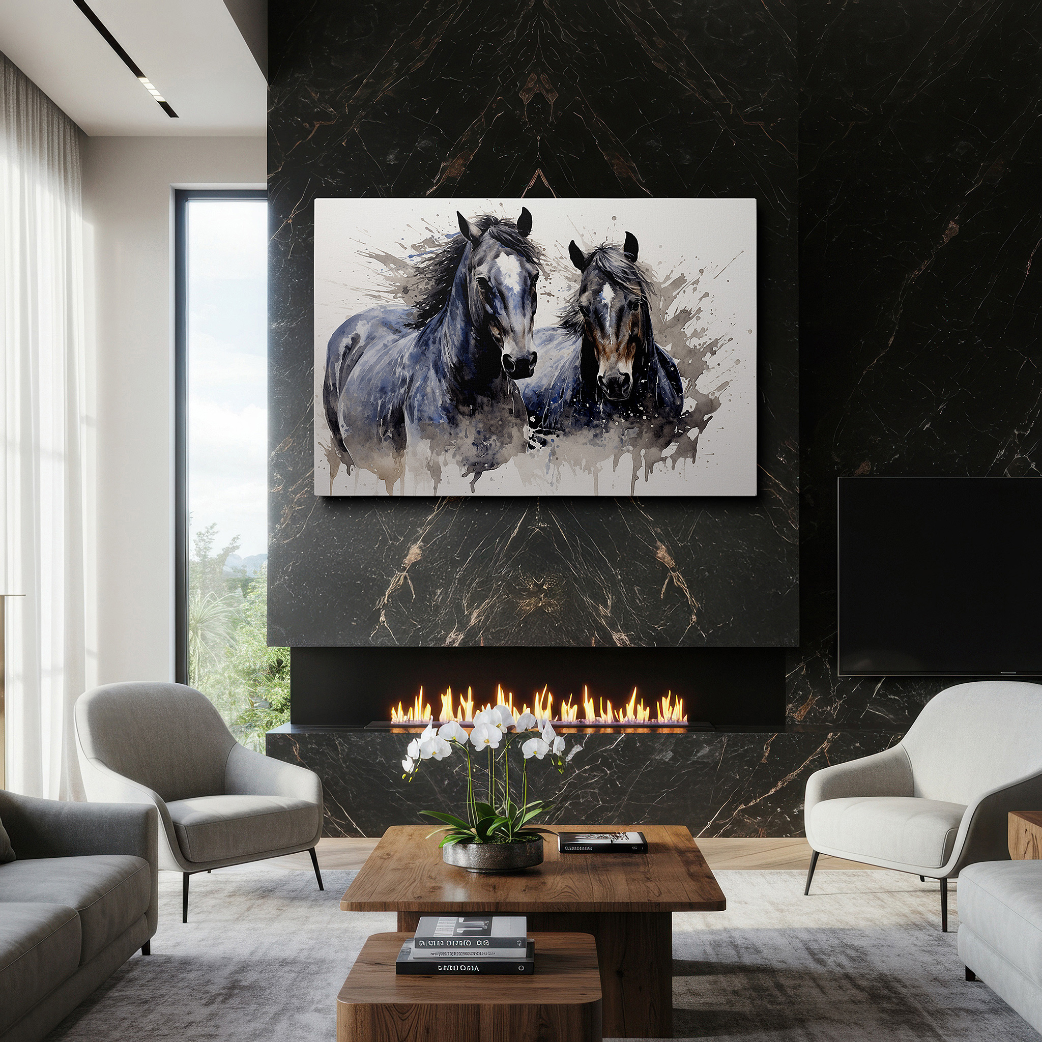 Lighting brings out layered depth in the print’s surface grain — serene gray horses in peaceful harmony: elegant and calm large wall art, canvas wall art, wall decor for office