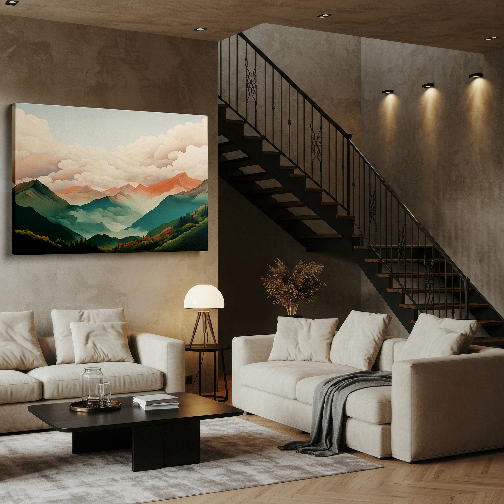 Lighting brings out layered depth in the print’s surface grain — serene mountain range surrounded by soft clouds, peaceful large wall art, canvas wall decor for office and bedroom