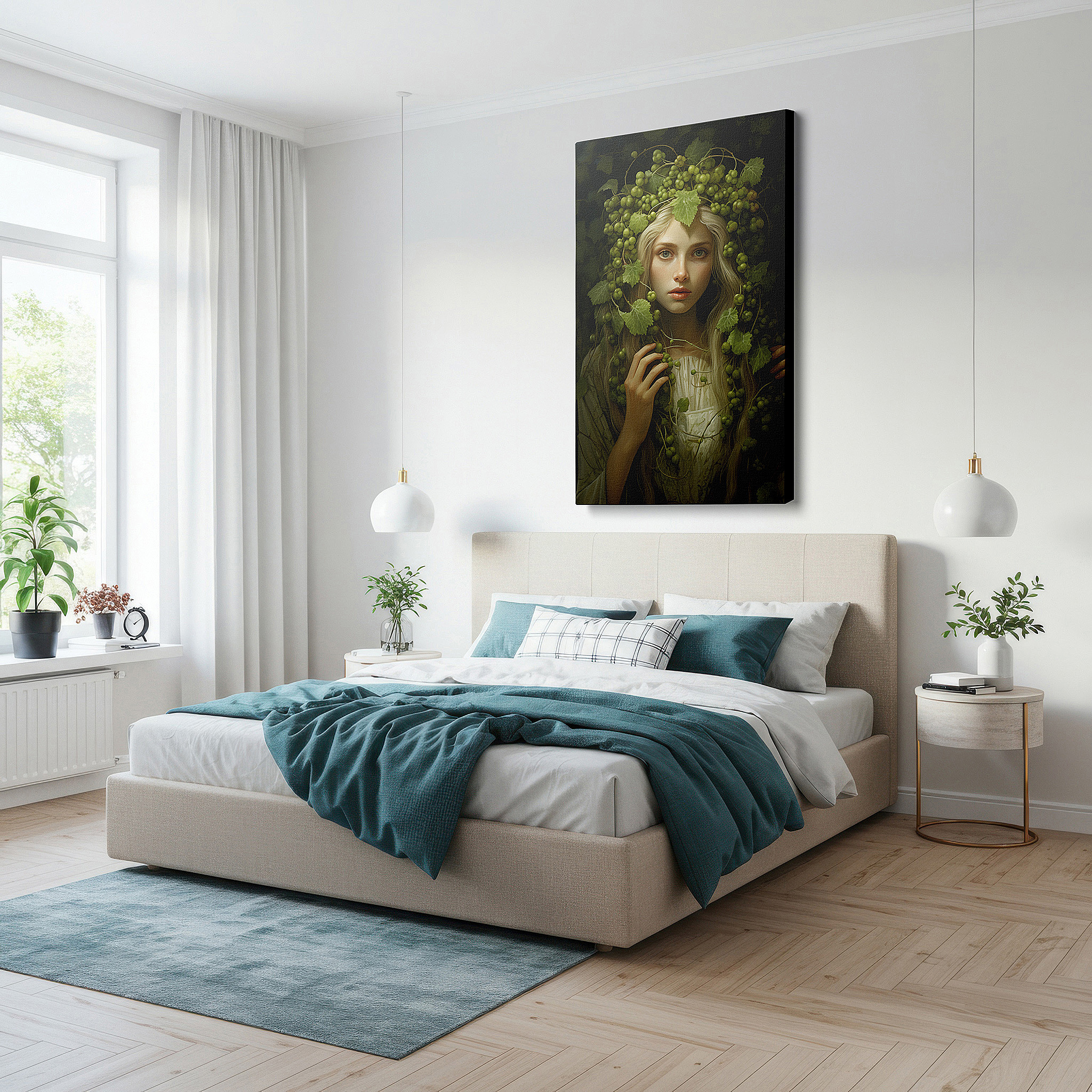Lighting brings out layered depth in the print’s surface grain — serene reflections of nature's bounty: large wall art featuring a crown of grapevines and leaves, canvas wall art for office decor