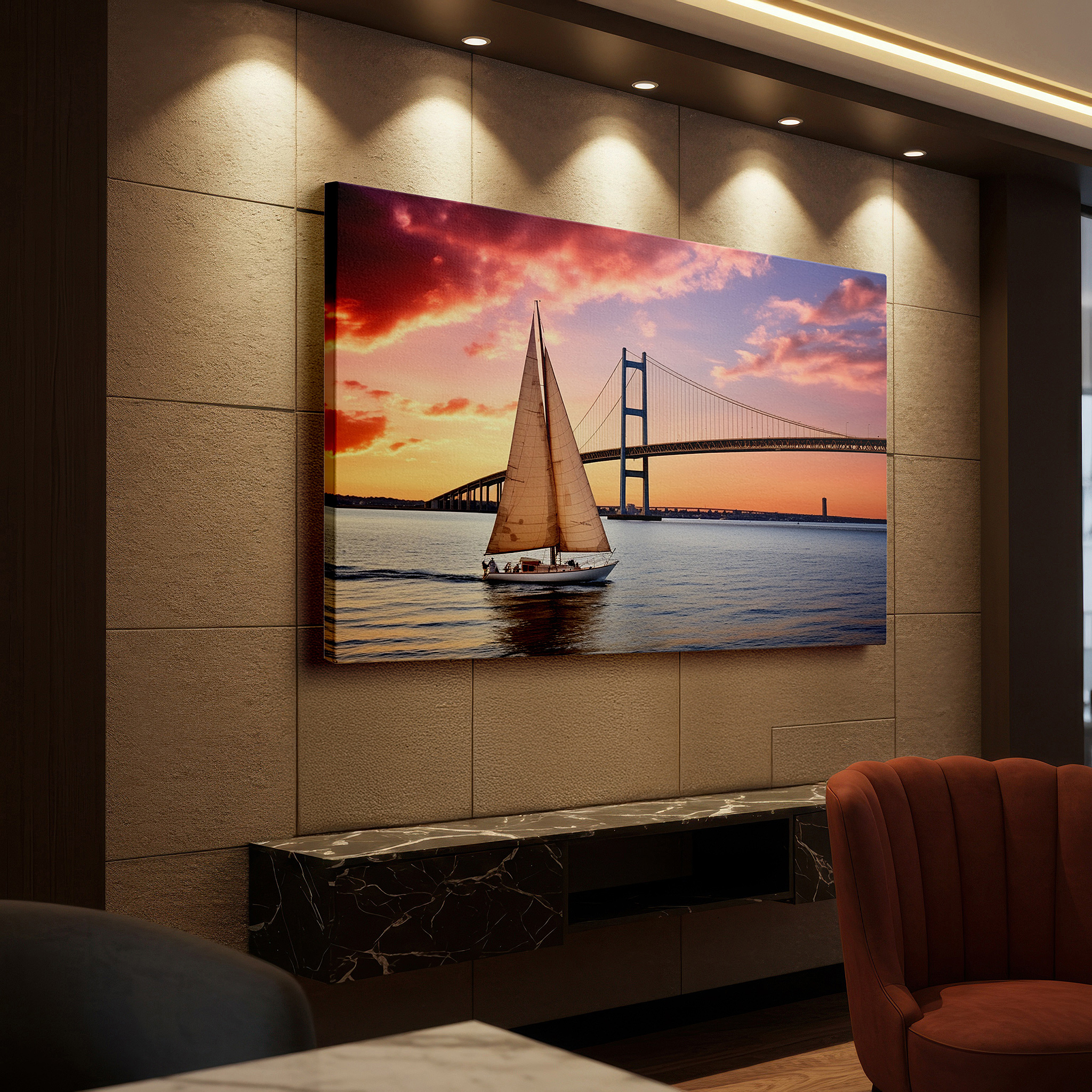 Lighting brings out layered depth in the print’s surface grain — serene sail under a sunset-kissed bridge - oversized wall art, canvas decor for office, bedroom, and living room