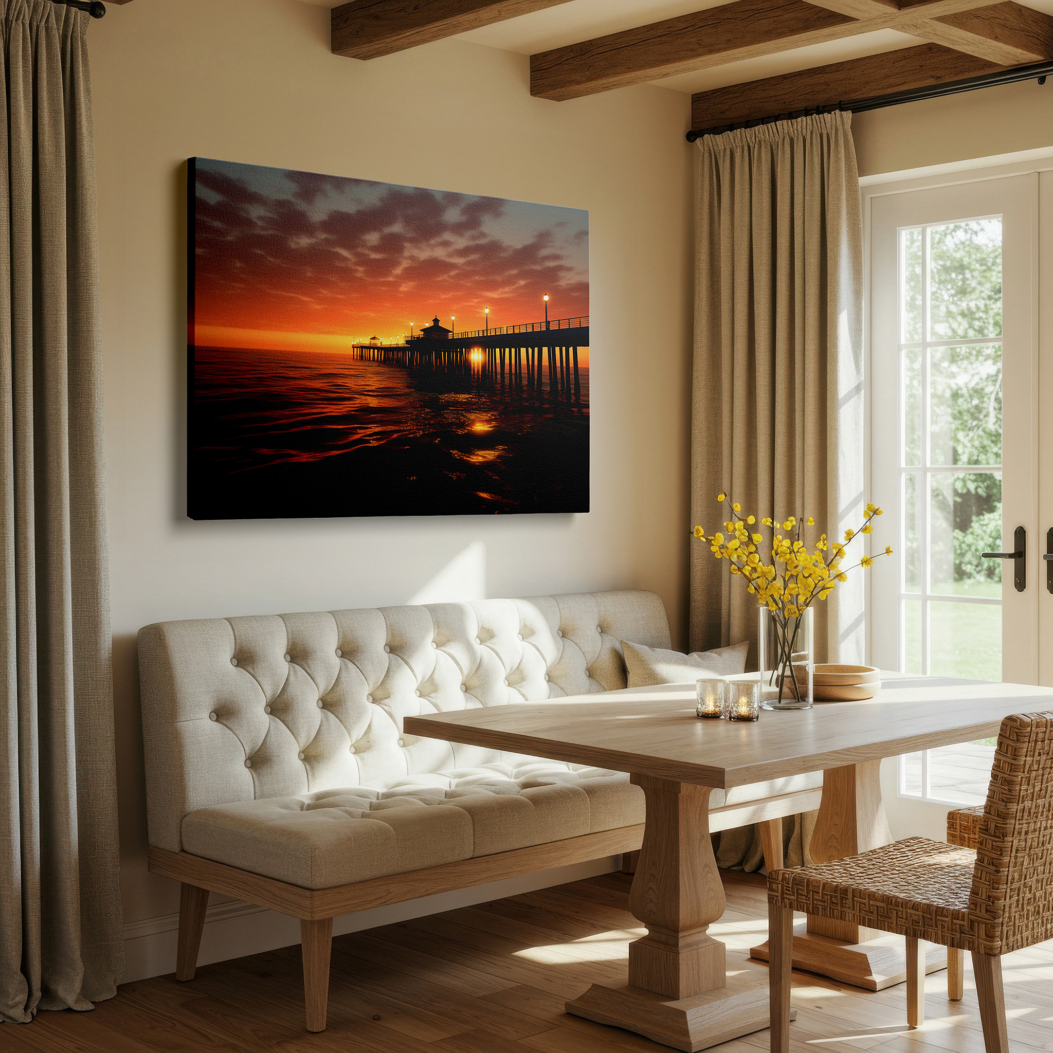 Lighting brings out layered depth in the print’s surface grain — serene sunset at the pier: tranquil beauty ideal for calm and inspiration - large wall art, canvas wall art, wall decor for office