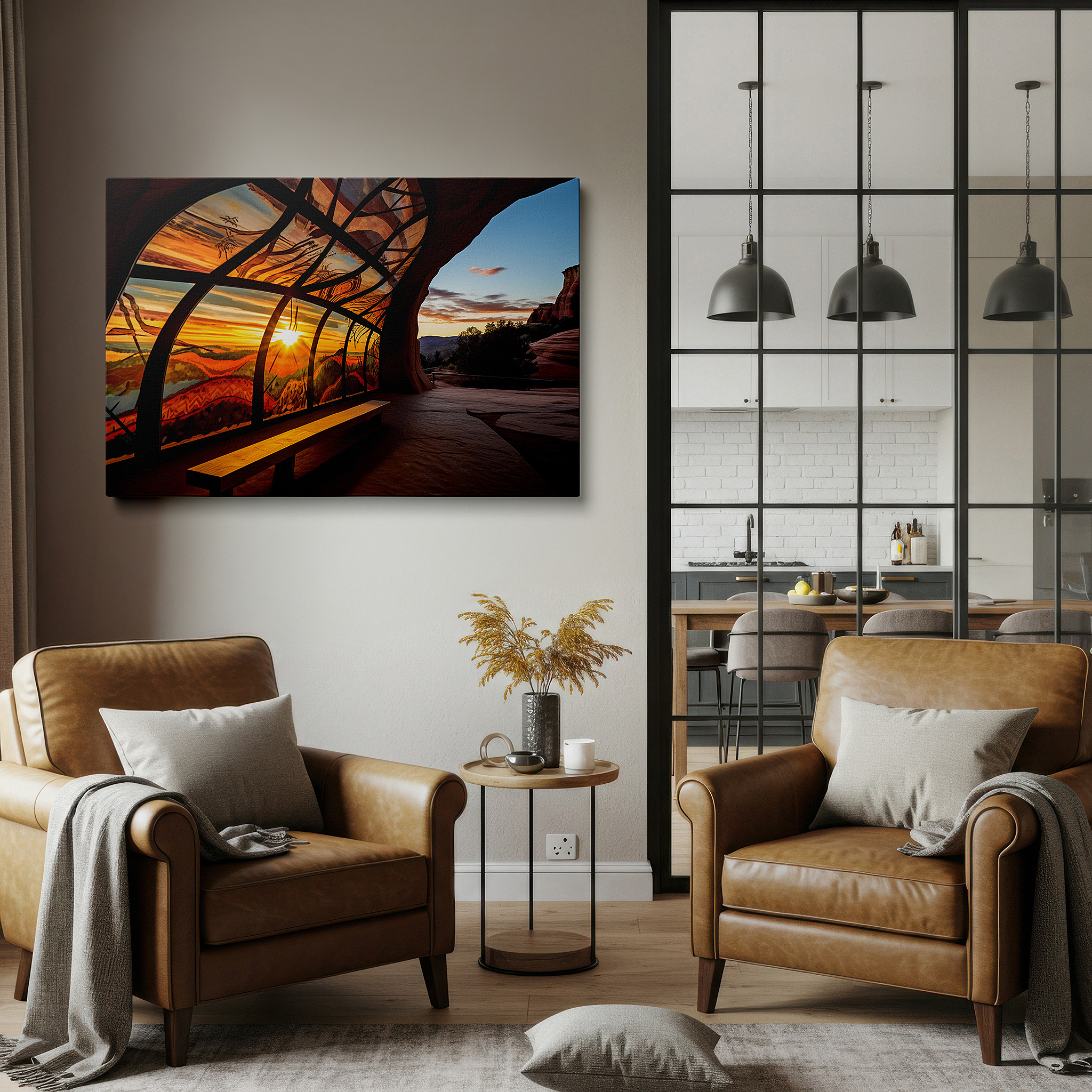Lighting brings out layered depth in the print’s surface grain — serene sunset viewed through a creative window: a perfect fusion of natural beauty and artistic design, large canvas wall art for home and office decor