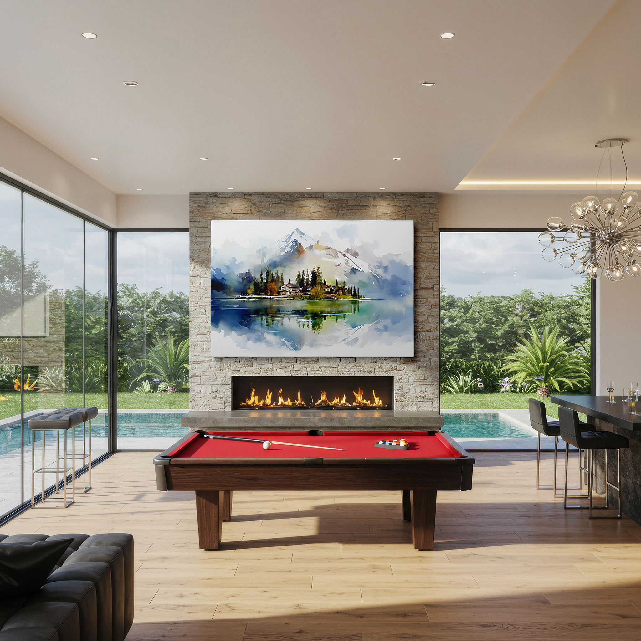 Lighting brings out layered depth in the print’s surface grain — serene village by the lake - large canvas wall art depicting a tranquil natural reflection, perfect for office or bedroom decor