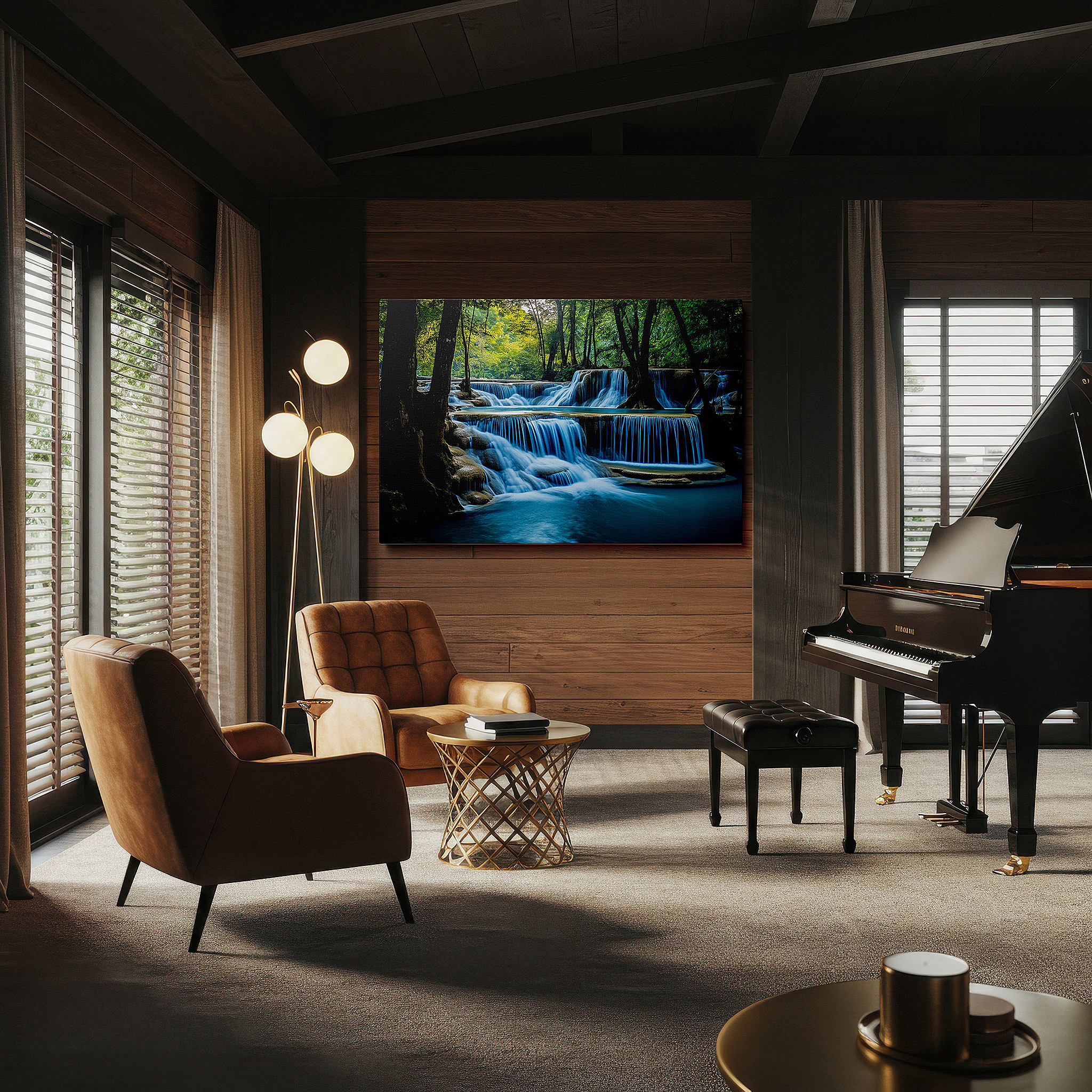 Lighting brings out layered depth in the print’s surface grain — serene waterfall oasis large canvas wall art amidst lush forest majesty for office, bedroom, and living room decor