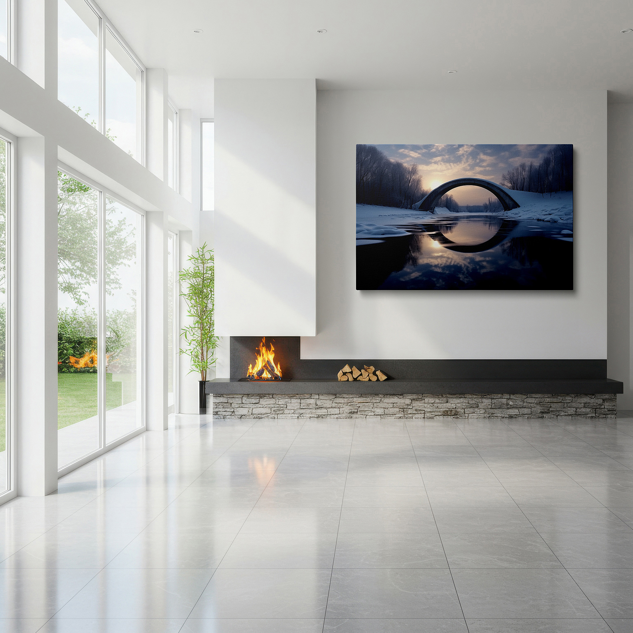 Lighting brings out layered depth in the print’s surface grain — serene winter dawn above grand bridge and icy river - large canvas wall art for office, bedroom, and living room decor