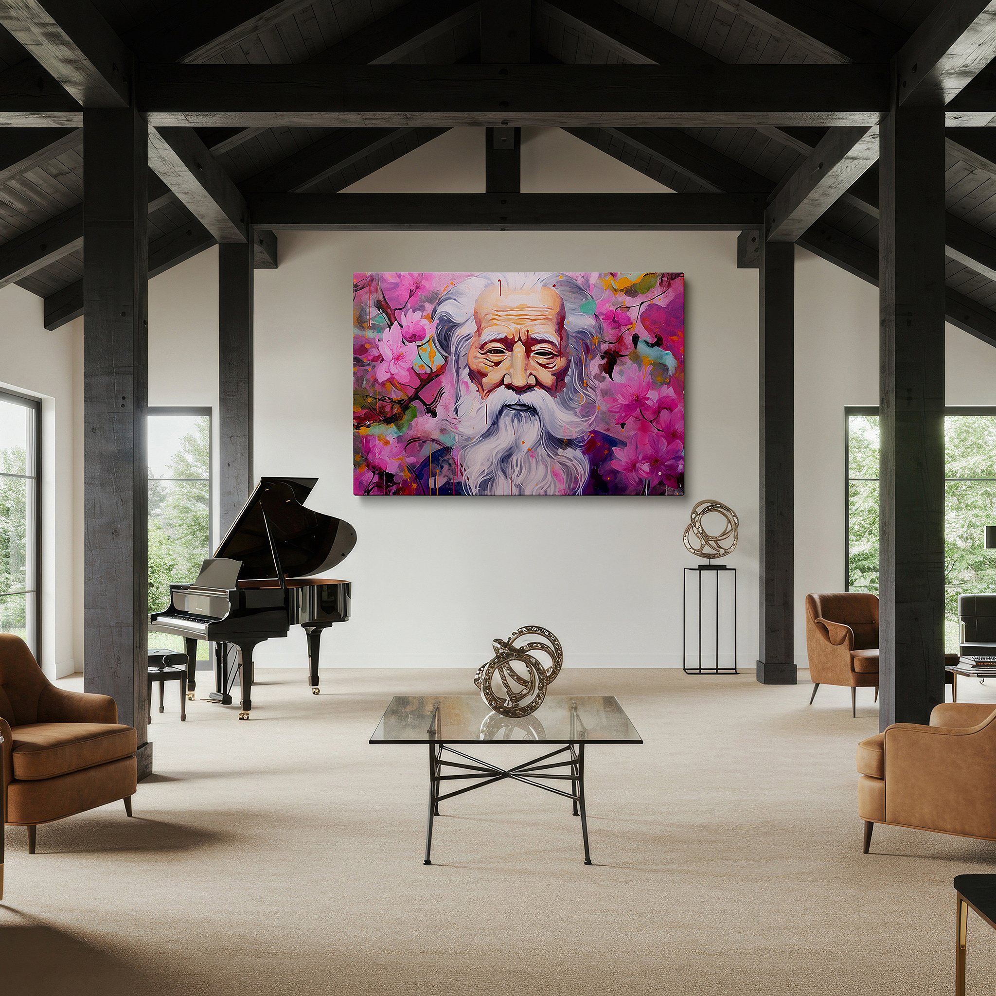 Lighting brings out layered depth in the print’s surface grain — serene wisdom and vibrant blossoms surround an elderly man: large wall art, canvas wall art, wall decor for office and bedroom