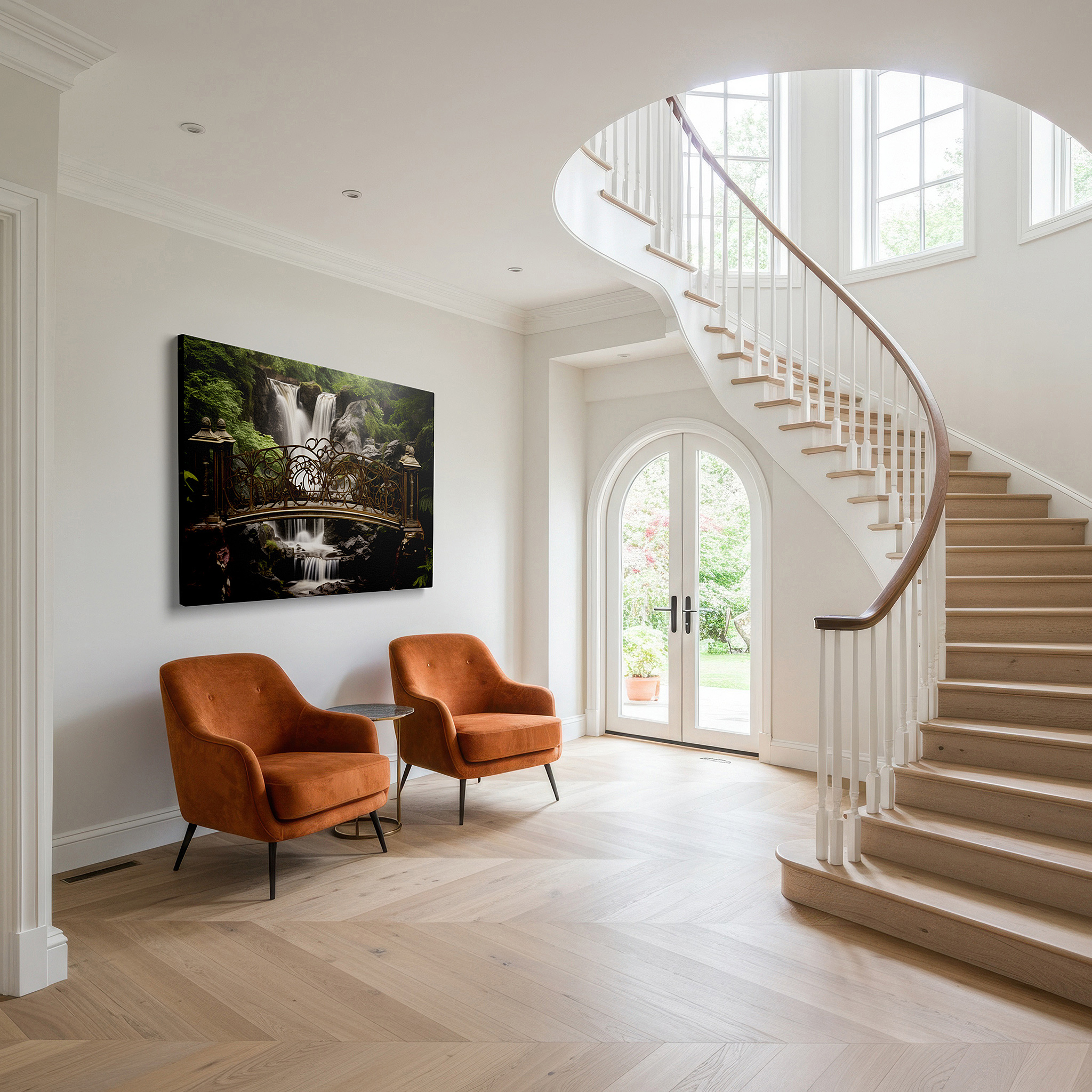 Lighting brings out layered depth in the print’s surface grain — stunning bridge and waterfall canvas print surrounded by verdant foliage for home and office decor