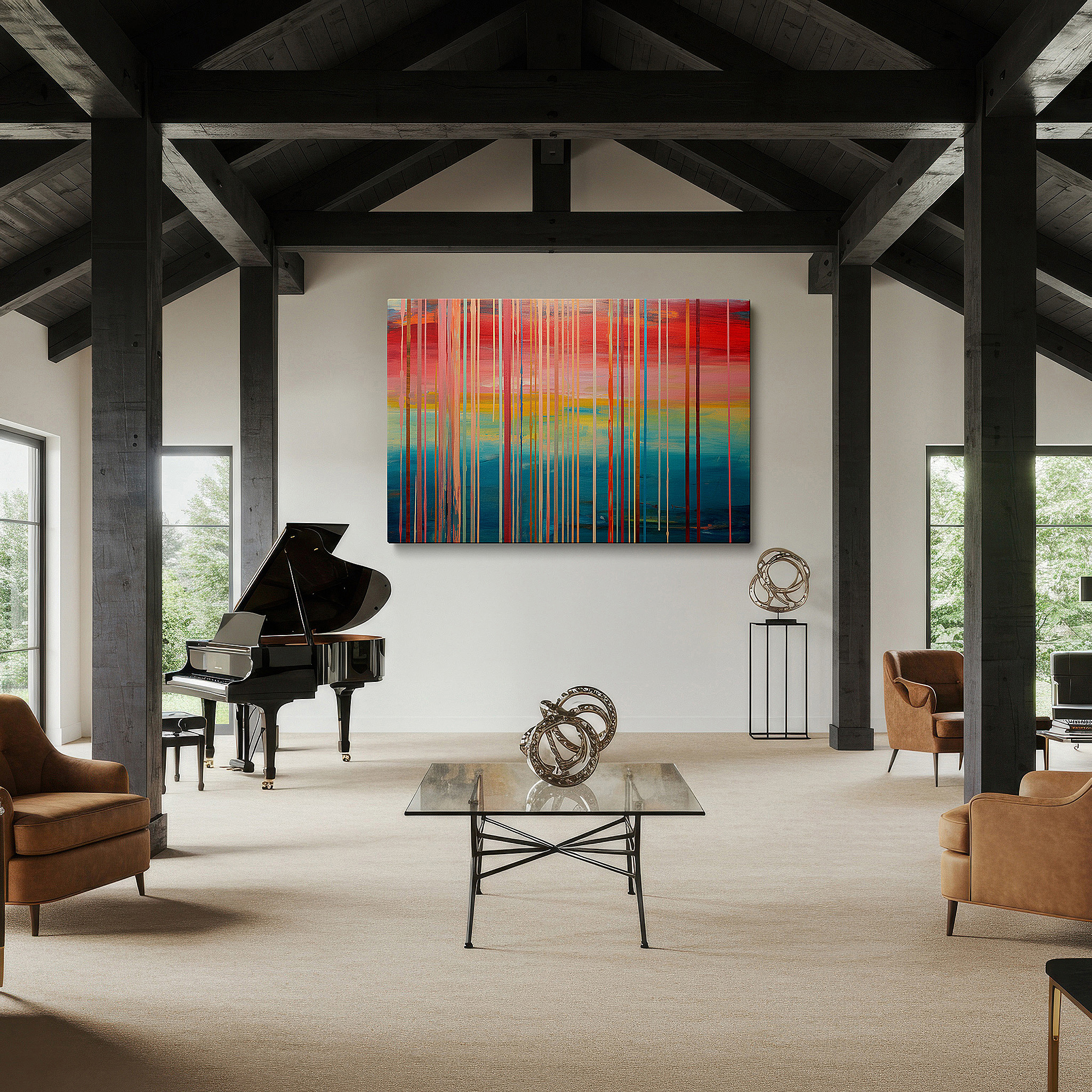 Lighting brings out layered depth in the print’s surface grain — a stunning display of vibrant reds and serene blues in abstract expressionism large wall art, canvas wall art, wall decor for office and bedroom