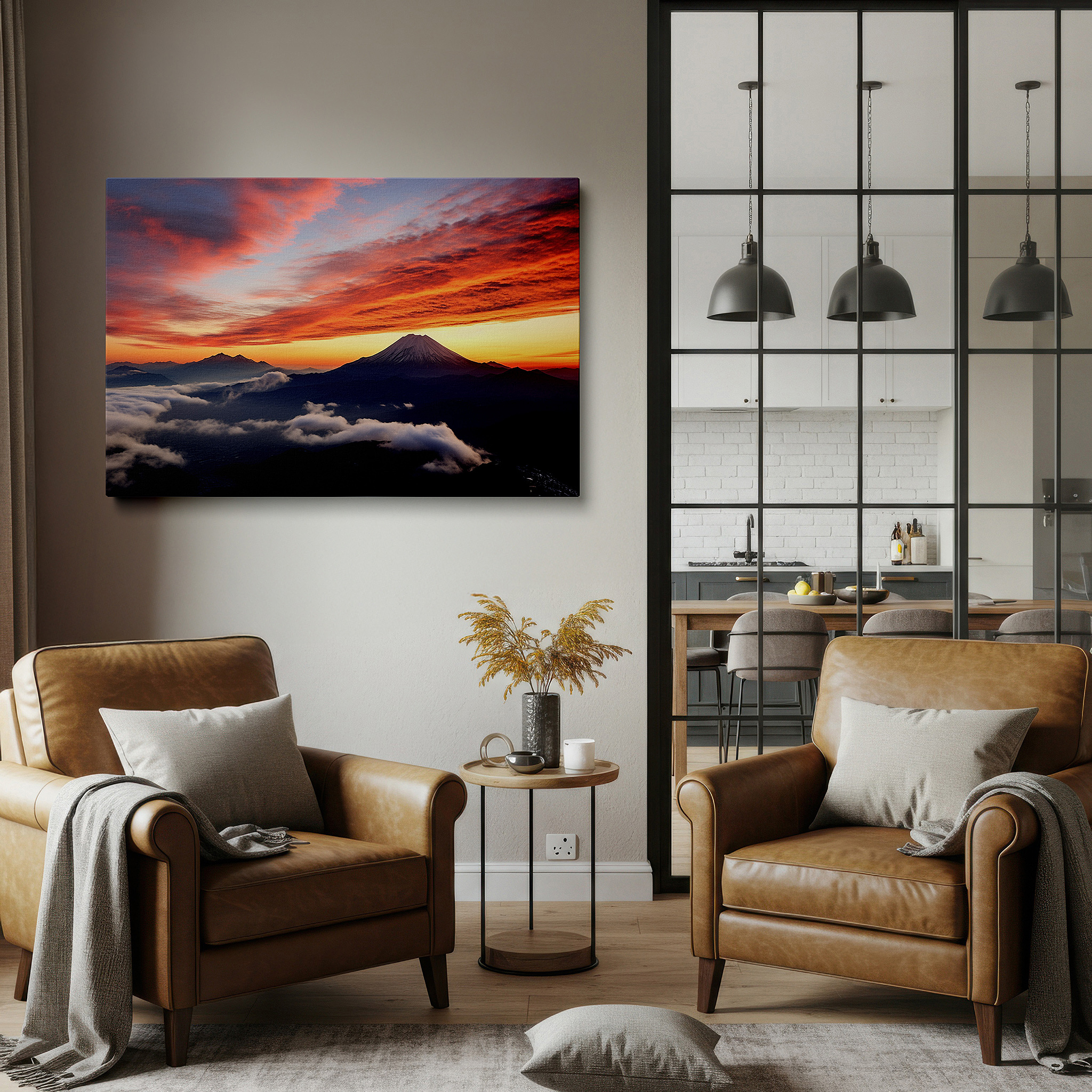 Lighting brings out layered depth in the print’s surface grain — sunset over majestic mount fuji, large wall art featuring vibrant oranges and purples, canvas wall art for office and bedroom decor