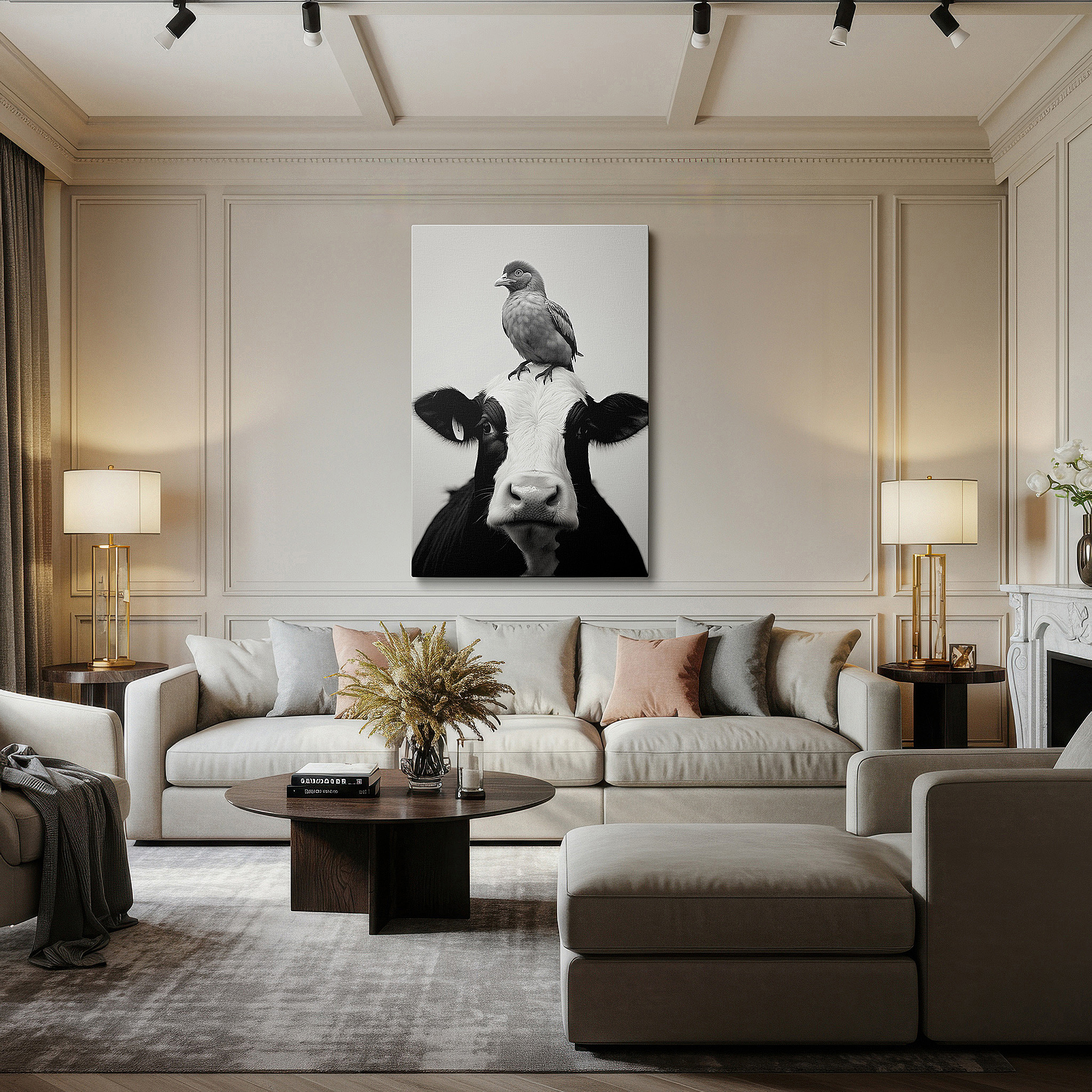 Lighting brings out layered depth in the print’s surface grain — tranquil unity of cow and bird in monochrome harmony: large canvas wall art for office, bedroom, and living room decor