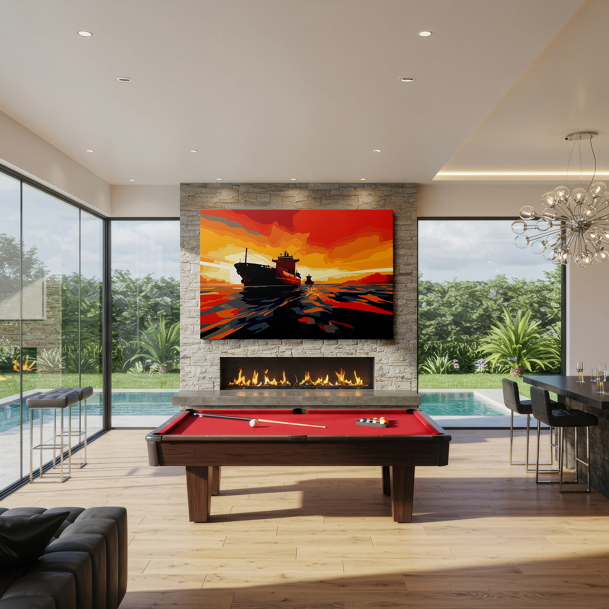 Lighting brings out layered depth in the print’s surface grain — twilight cargo ships against a fiery horizon: reflecting nature's beauty and human endeavor - large canvas wall art for office decor
