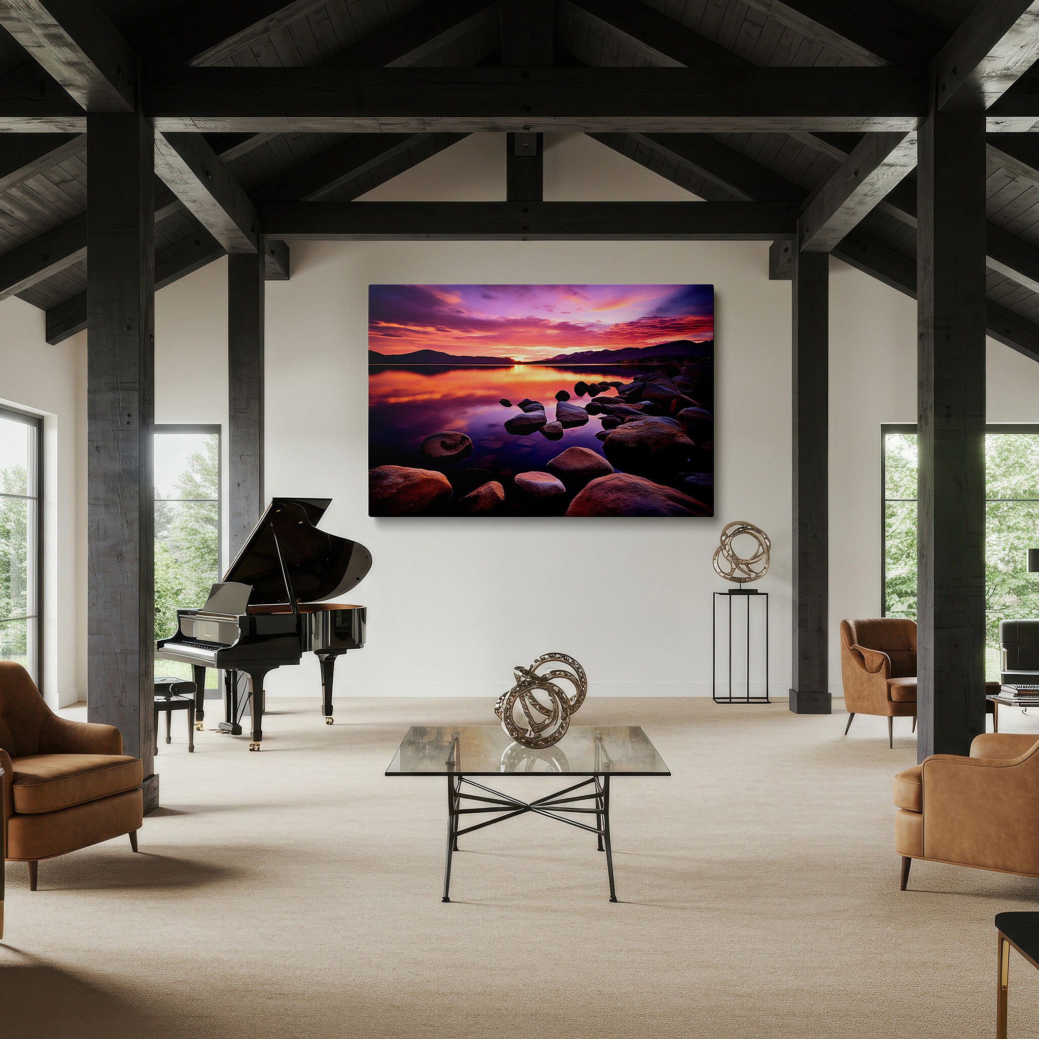 Lighting brings out layered depth in the print’s surface grain — twilight serenity - a symphony of sky and water in tranquil hues: large canvas wall art for office and bedroom decor