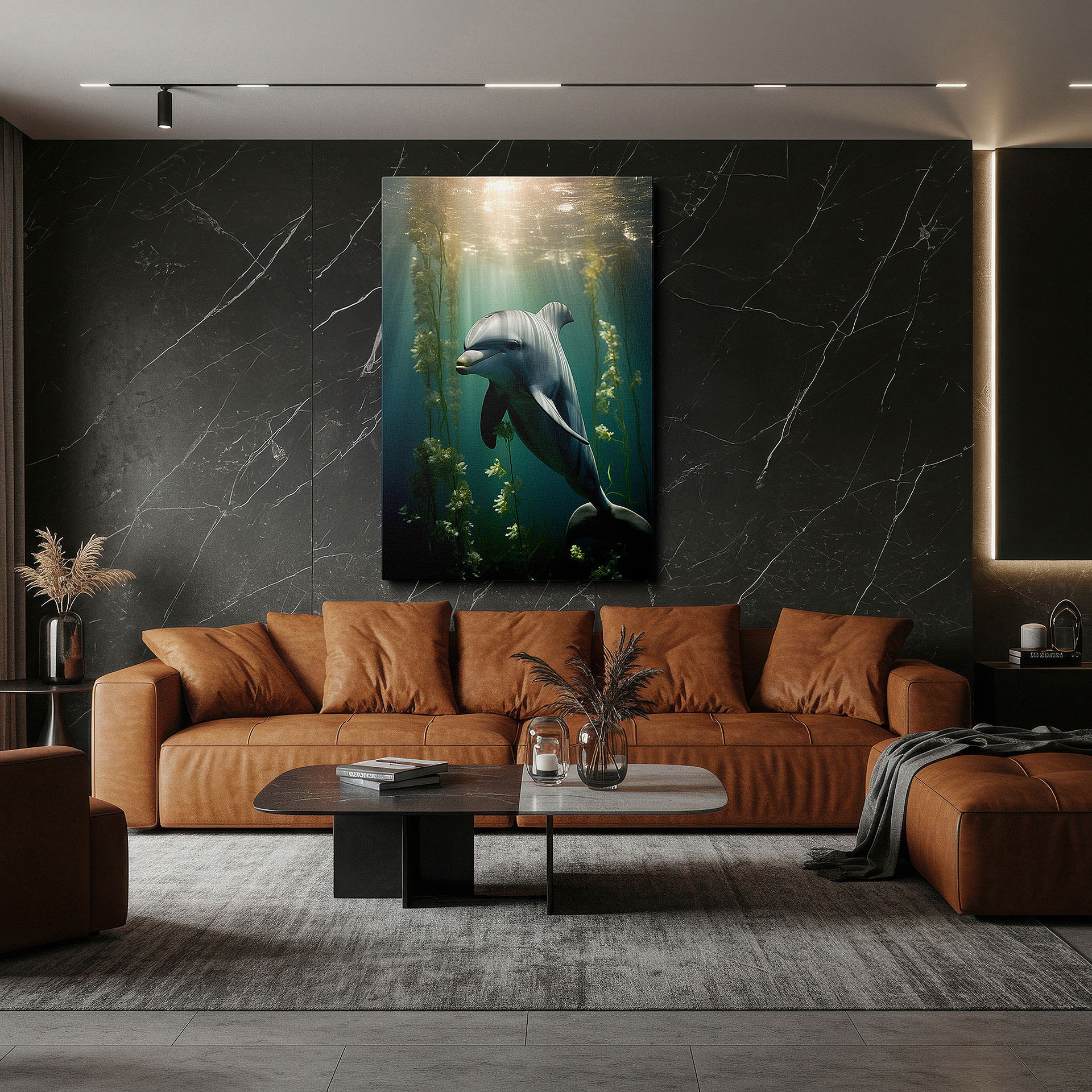 Lighting brings out layered depth in the print’s surface grain — underwater dolphin adventure in a colorful aquatic garden - large canvas wall art for office and bedroom decor