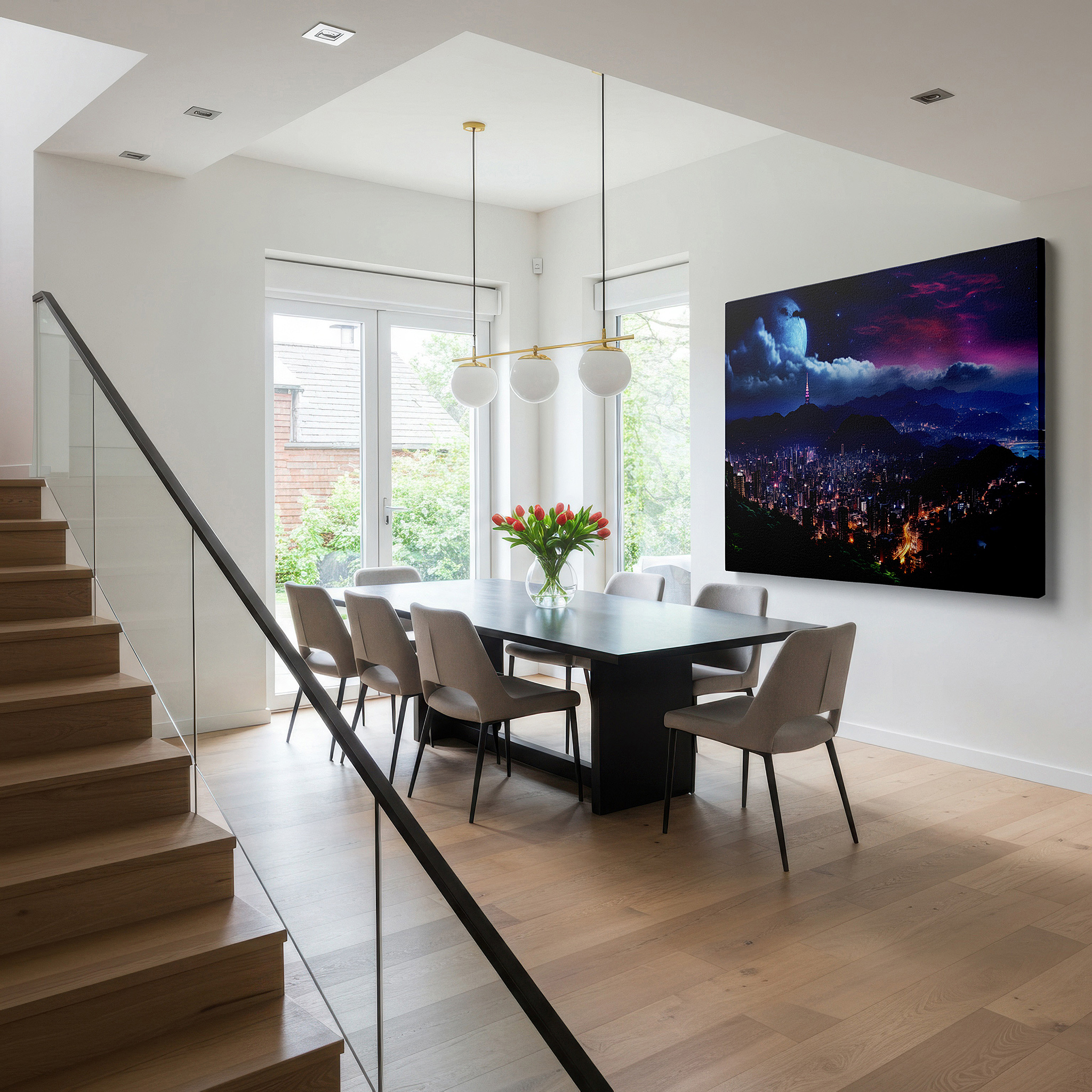 Lighting brings out layered depth in the print’s surface grain — urban nightscape featuring a bright moon above a bustling city - large canvas wall art for offices, bedrooms, and living rooms