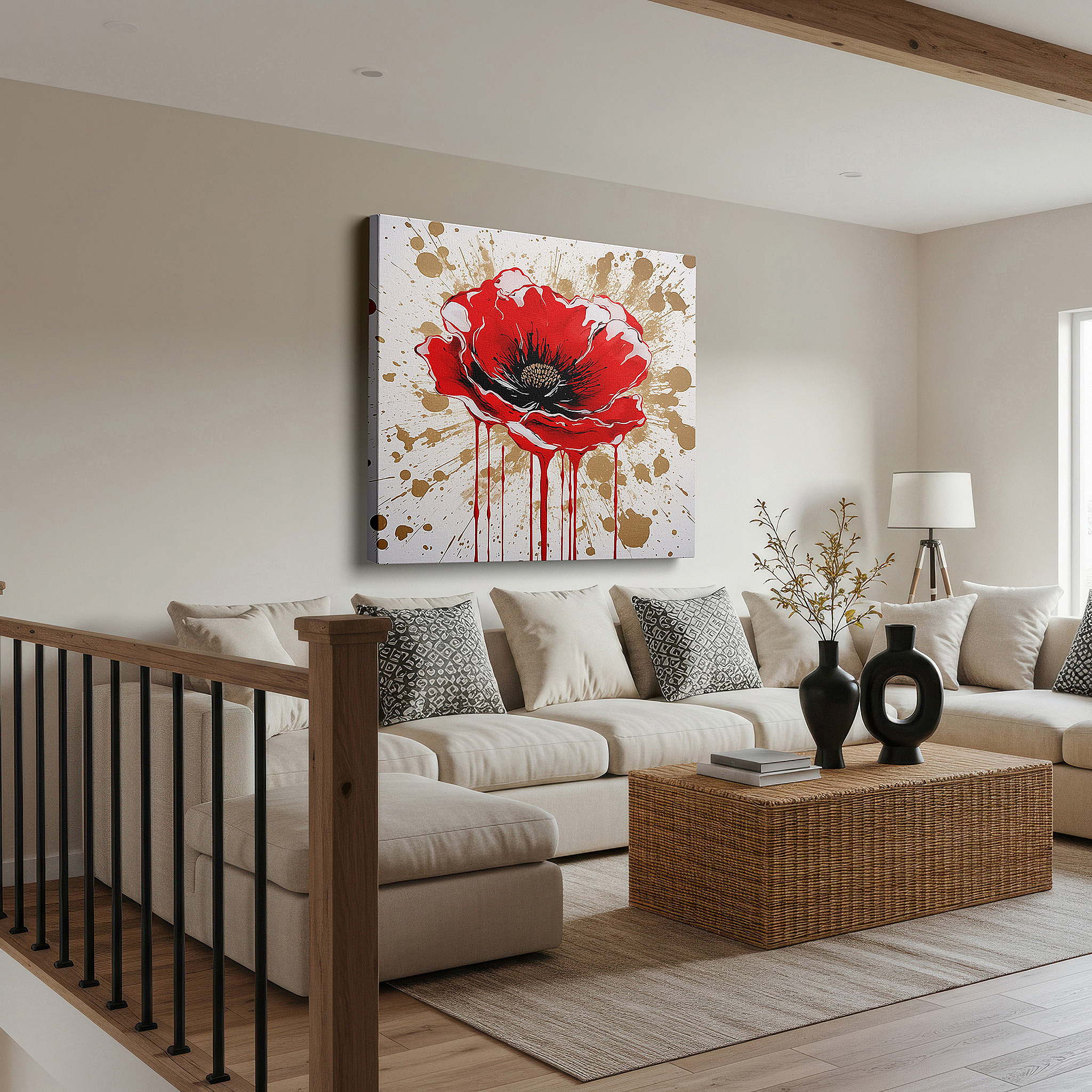 Lighting brings out layered depth in the print’s surface grain — vibrant red poppy: celebrating nature's ephemeral beauty with vivid colors and dynamic brushstrokes - large canvas wall art decor