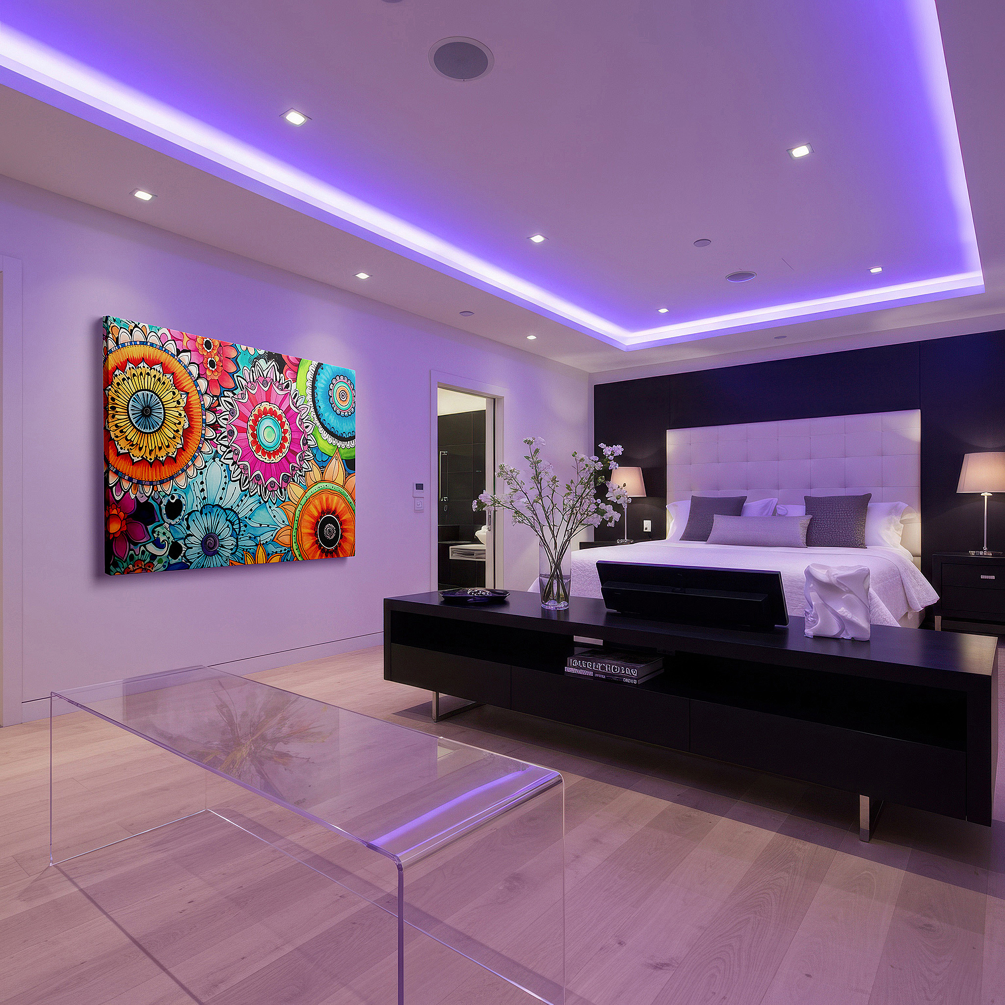 Lighting brings out layered depth in the print’s surface grain — wall art: celebrating nature and spiritual unity with a vibrant blend of floral realism and mandala symbolism - large canvas wall art for home and office decor