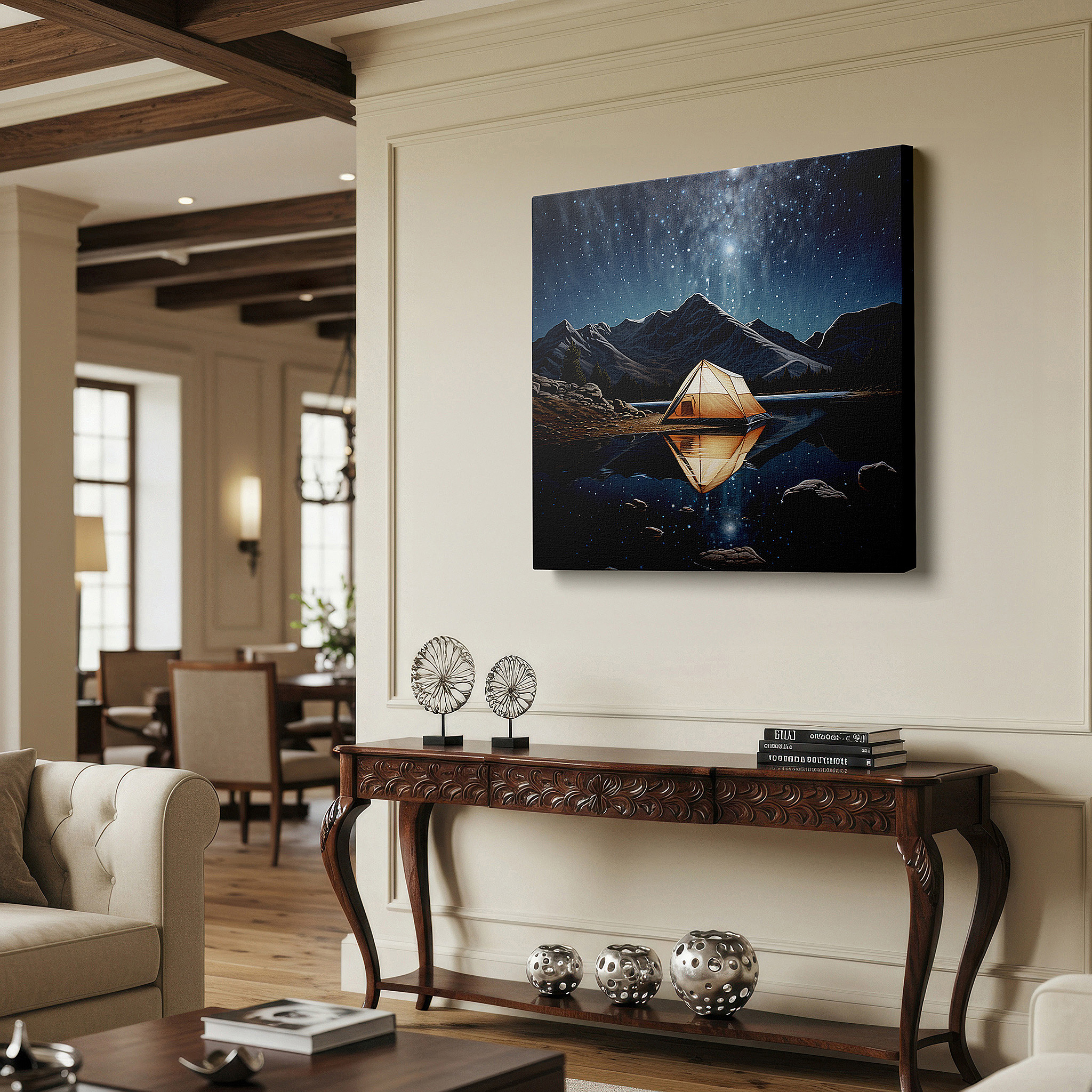 Lighting brings out layered depth in the print’s surface grain — wall art: serene camping scene by a tranquil lake with a star-filled sky reflection and a solitary tent amid majestic mountains - large canvas wall art for home and office decor