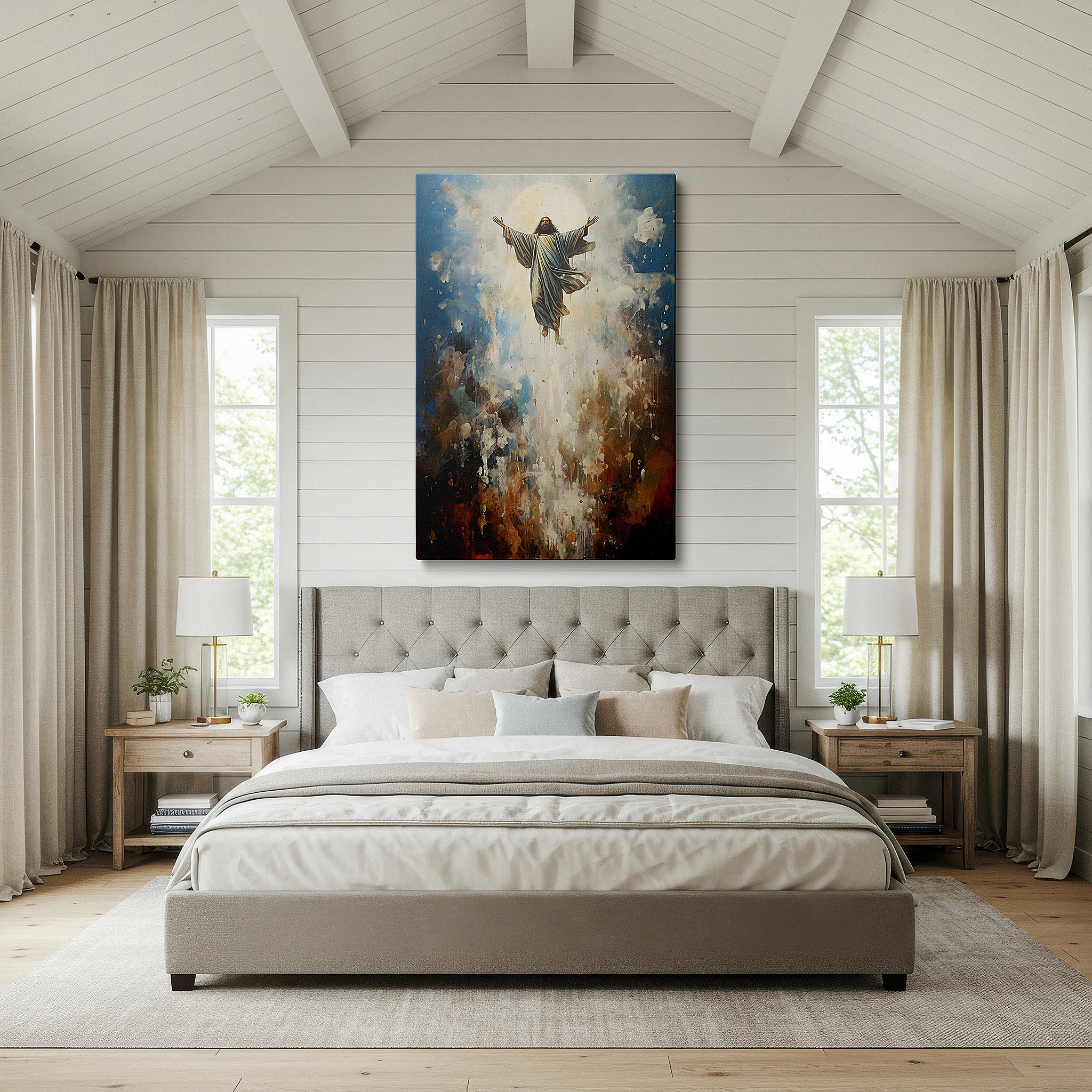 Lighting brings out layered depth in the print’s surface grain — wall decor: "ascension amidst vibrant hues" - a celestial journey in blues, golds, and reds. large canvas art for office and bedroom walls