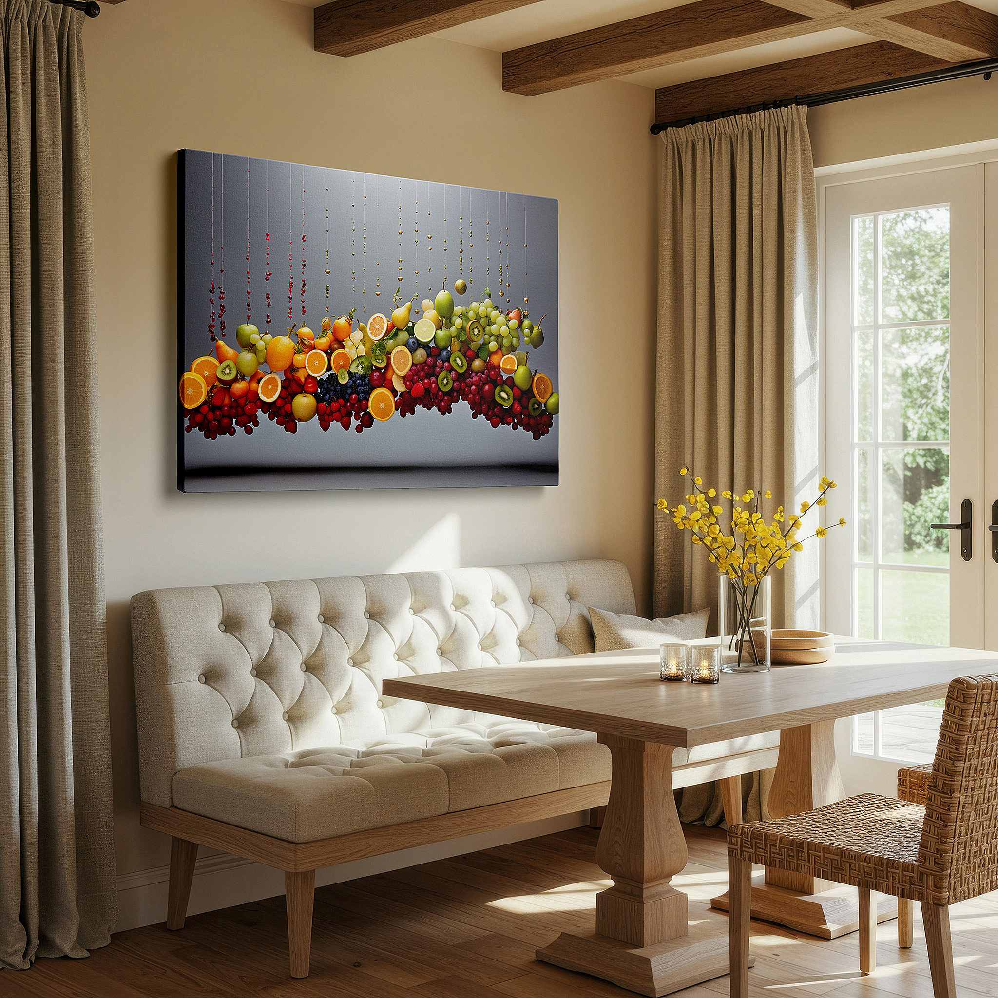 Lighting brings out layered depth in the print’s surface grain — wall decor: captivating floating fruit display showcasing nature's playful bounty - ideal for living room, office, or bedroom decorations