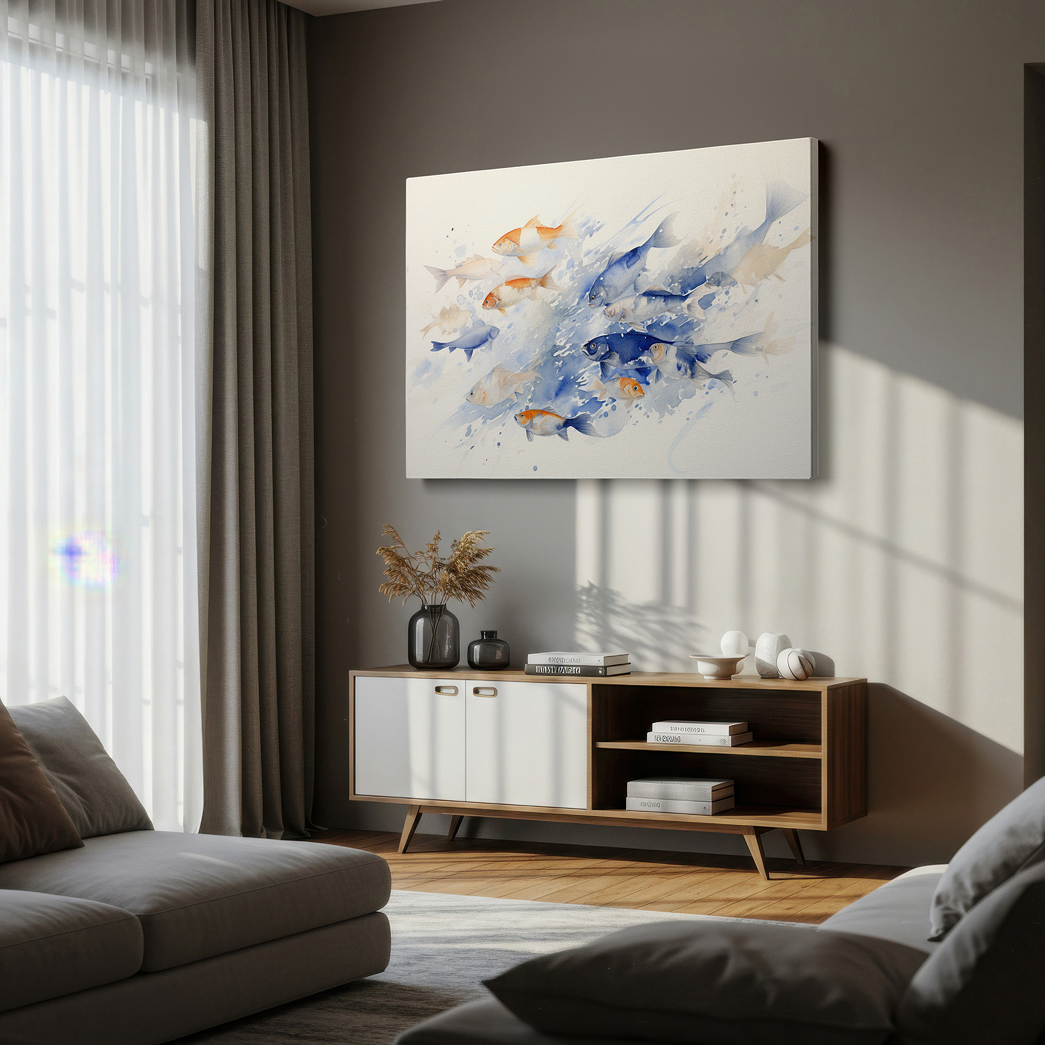 Lighting brings out layered depth in the print’s surface grain — whimsical goldfish dancing among abstract waves in blue, orange, and white - large canvas wall art for office and bedroom decor